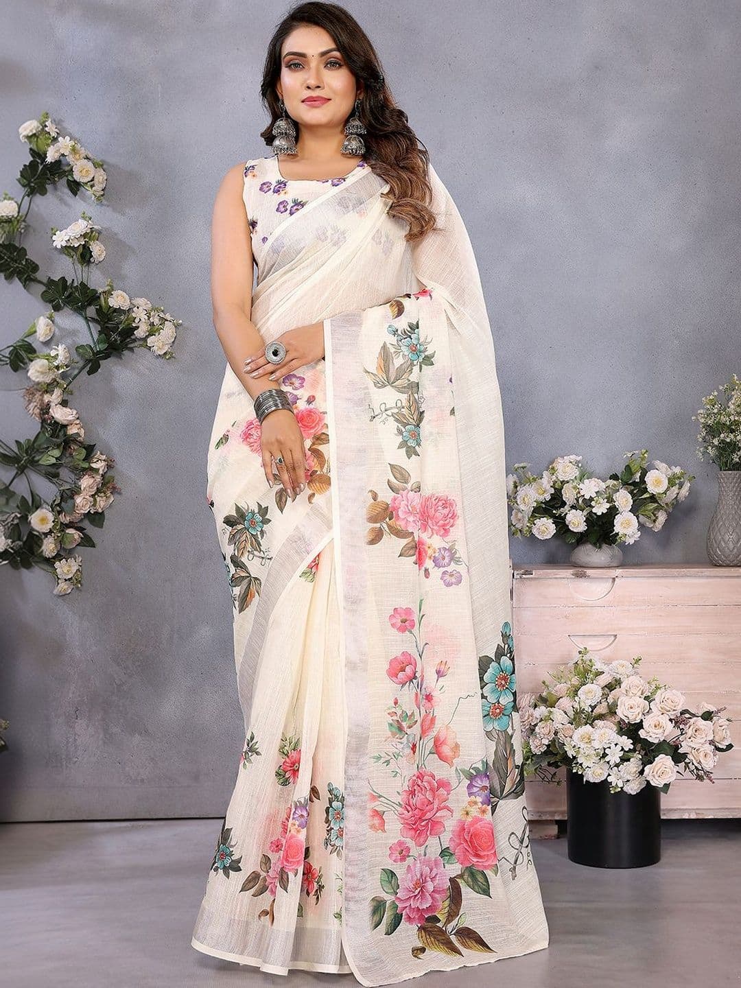 Anouk Women Cream Floral Printed Zari Shibori Ready to Wear Pocket Saree with Blouse - view 1