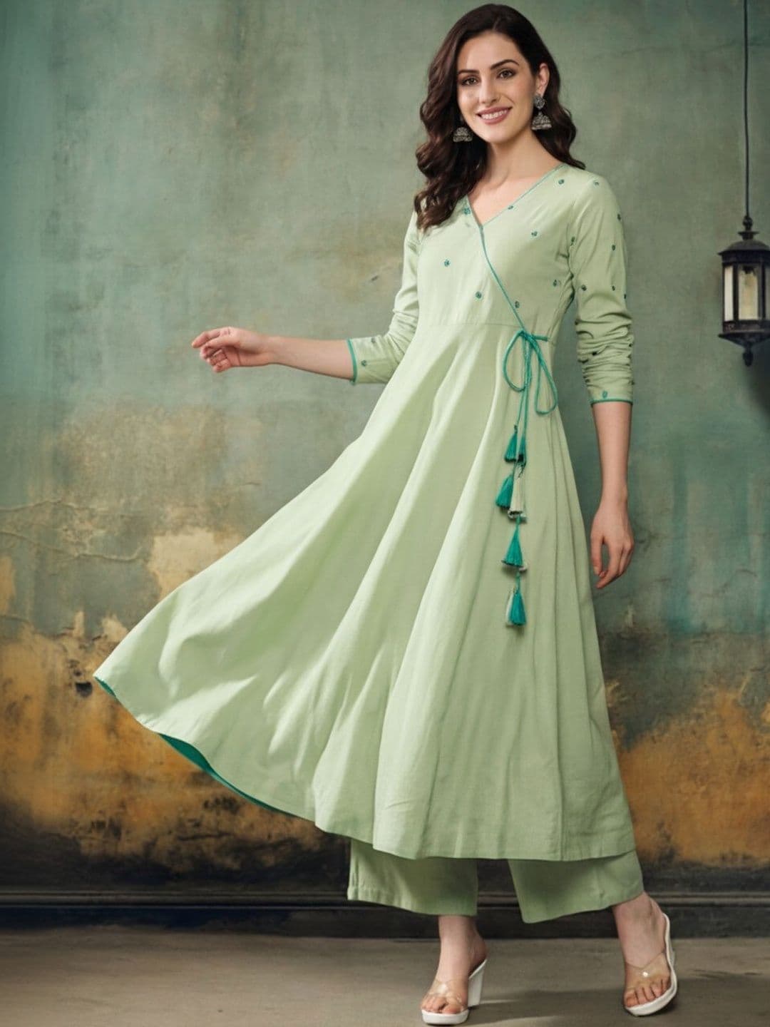 Anouk Women Ethnic Motifs Angrakha Thread Work Pure Cotton Kurta with Trousers - view 1
