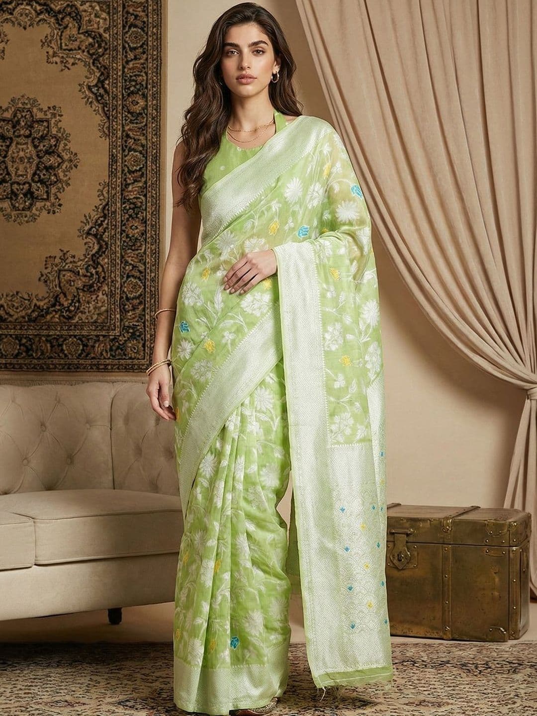 Anouk Women Light Green Floral Woven Design Jacquard Saree with Blouse - view 1