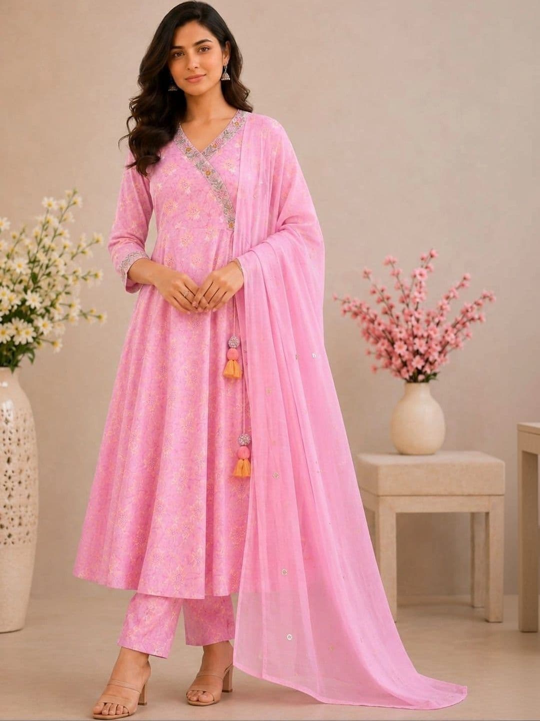 DESI U Women Floral Printed Angrakha Thread Work Pure Cotton Kurta with Trousers & With Dupatta - view 1