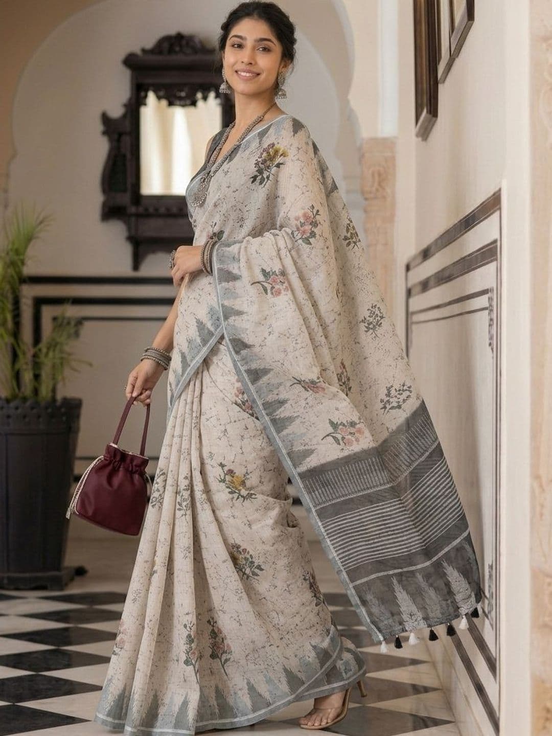 Anouk Floral Pure Linen Handloom Block Print Saree - view 1