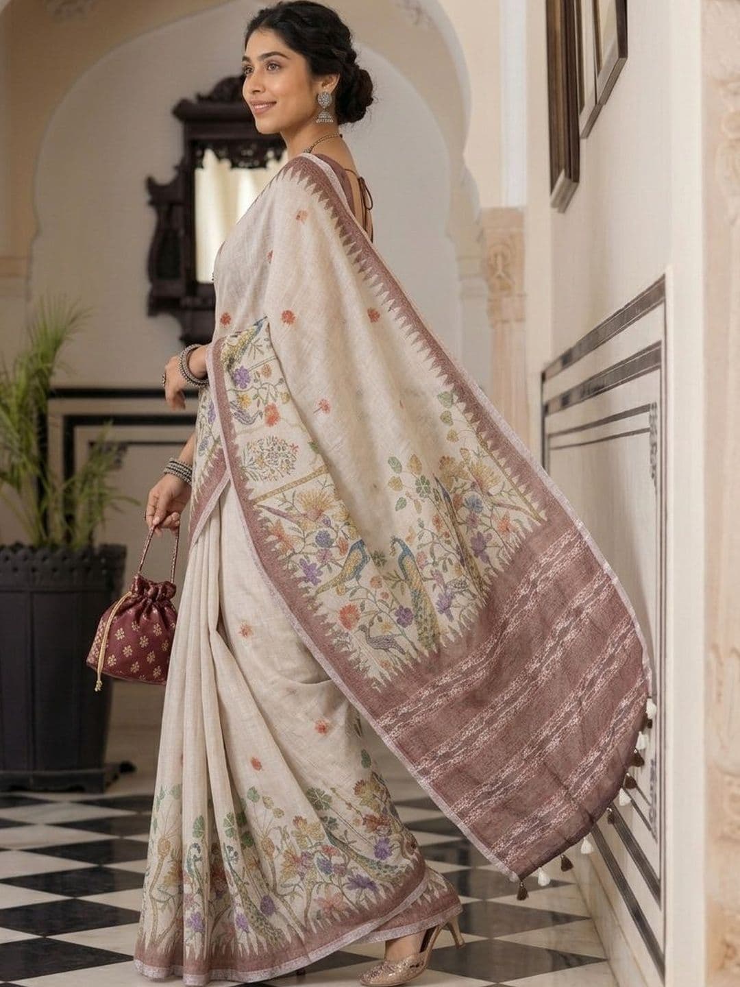 Anouk Ethnic Motifs Pure Linen Handloom Block Print Saree - view 1