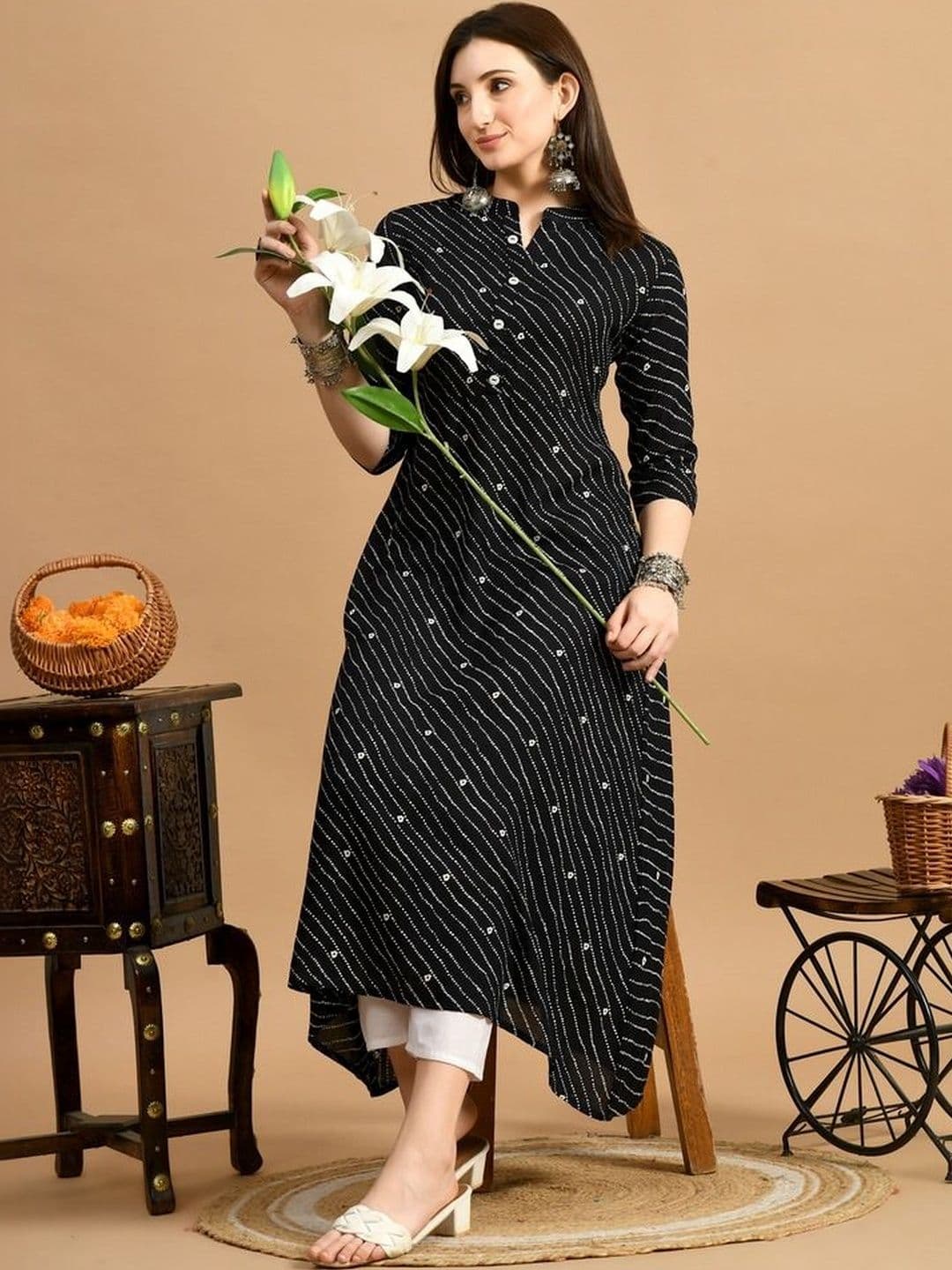 Anouk Women Leheriya Printed Mandarin Collar Anarkali Kurta - view 1