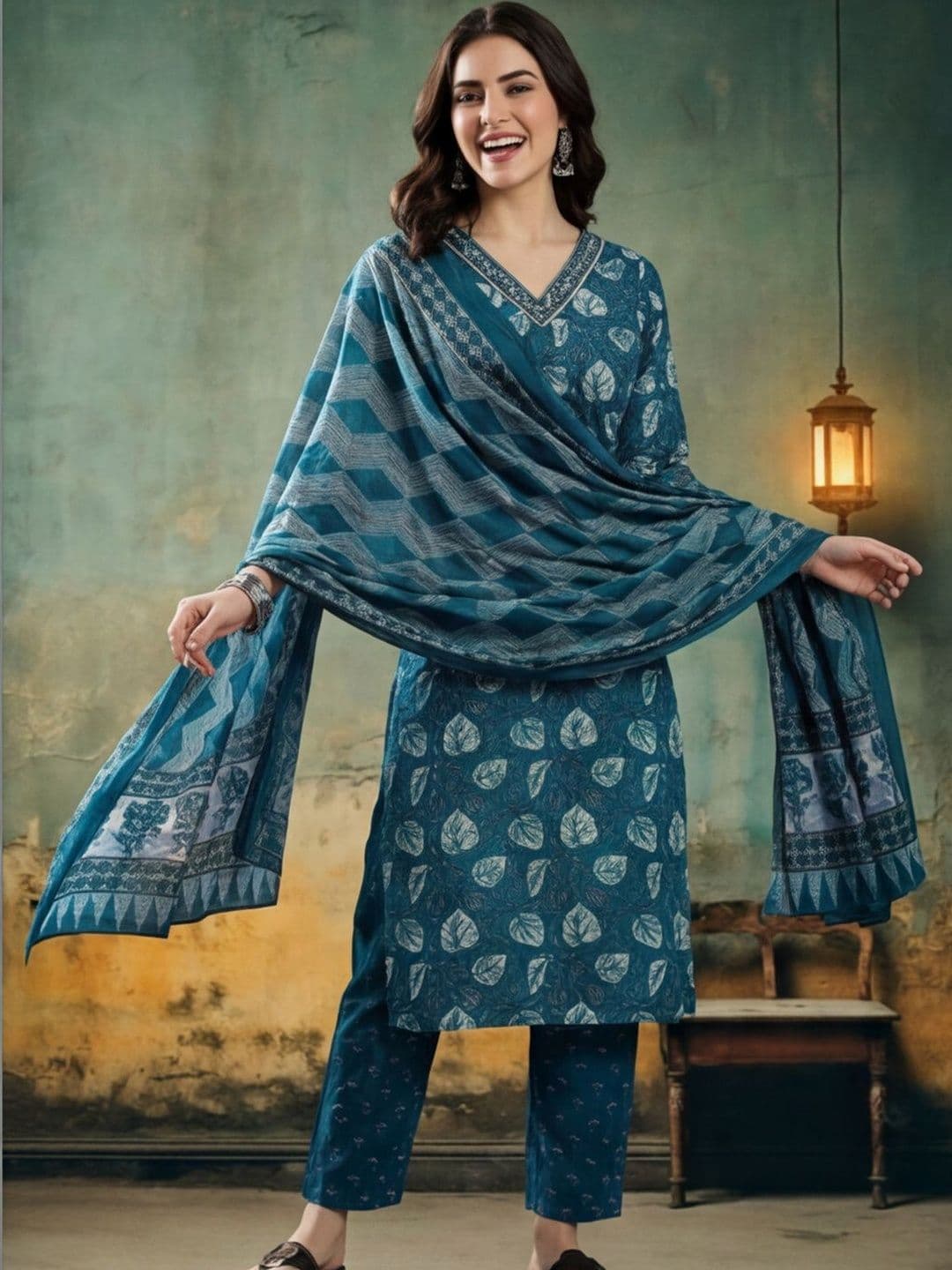 Anouk Women Ethnic Motifs Printed Regular Thread Work Pure Cotton Kurta with Trousers & With Dupatta - view 1