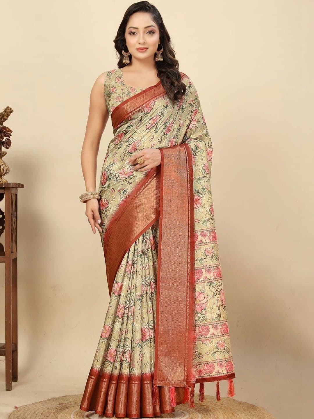 J 6 DESIGNER J6 DESIGNERS Women Cream Floral Art Silk Printed Border Saree - view 1