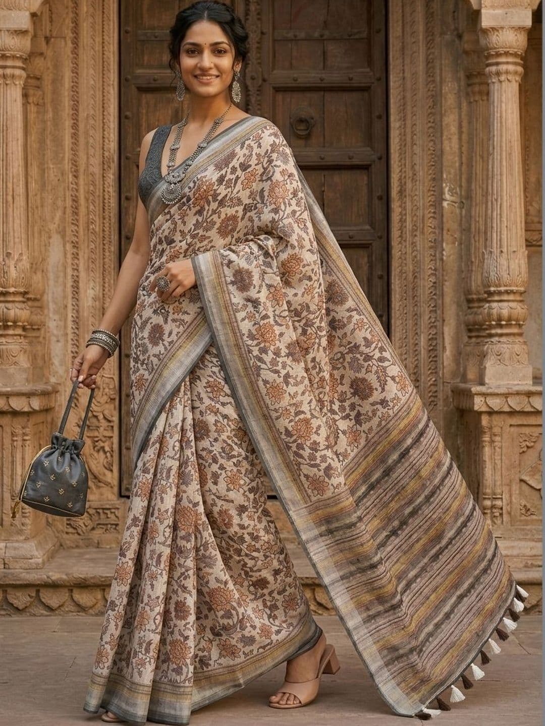 Anouk Floral Pure Linen Handloom Block Print Saree - view 1