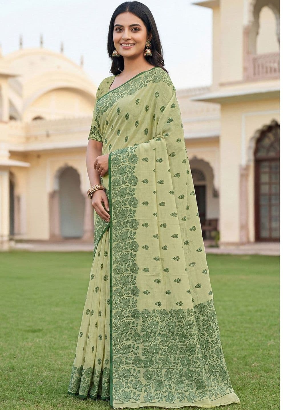Anouk Women Olive Green Cotton Embroidered Saree with Unstitched Blouse Piece - view 1