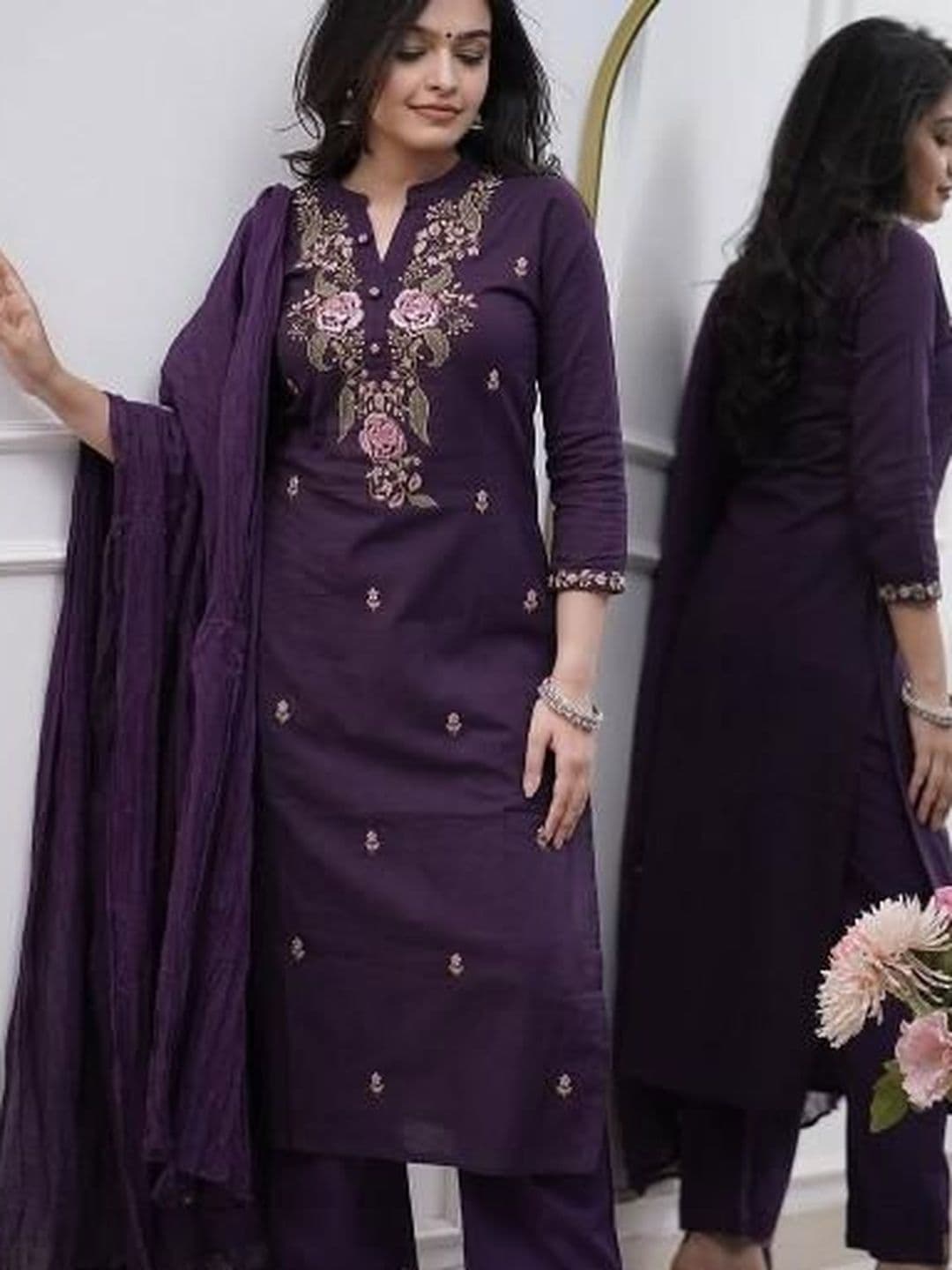 Anouk Women Floral Embroidered Regular Thread Work Pure Cotton Kurta with Trousers & With Dupatta - view 1
