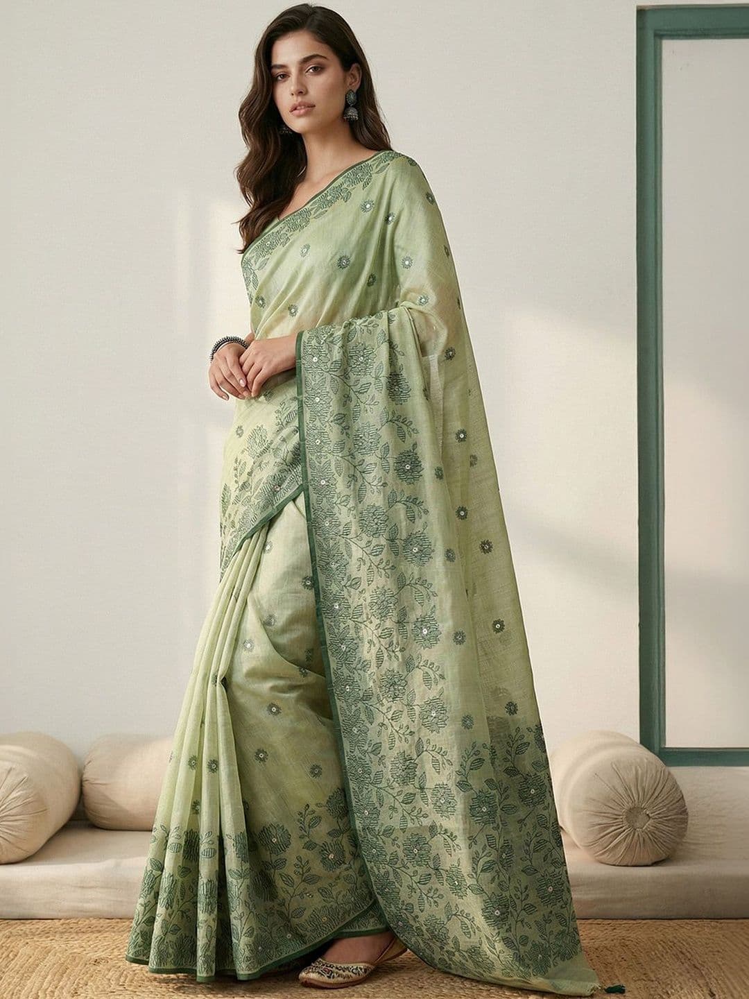 Anouk Women Green Cotton Kantha Embroidered Saree with Unstitched Blouse Piece - view 1