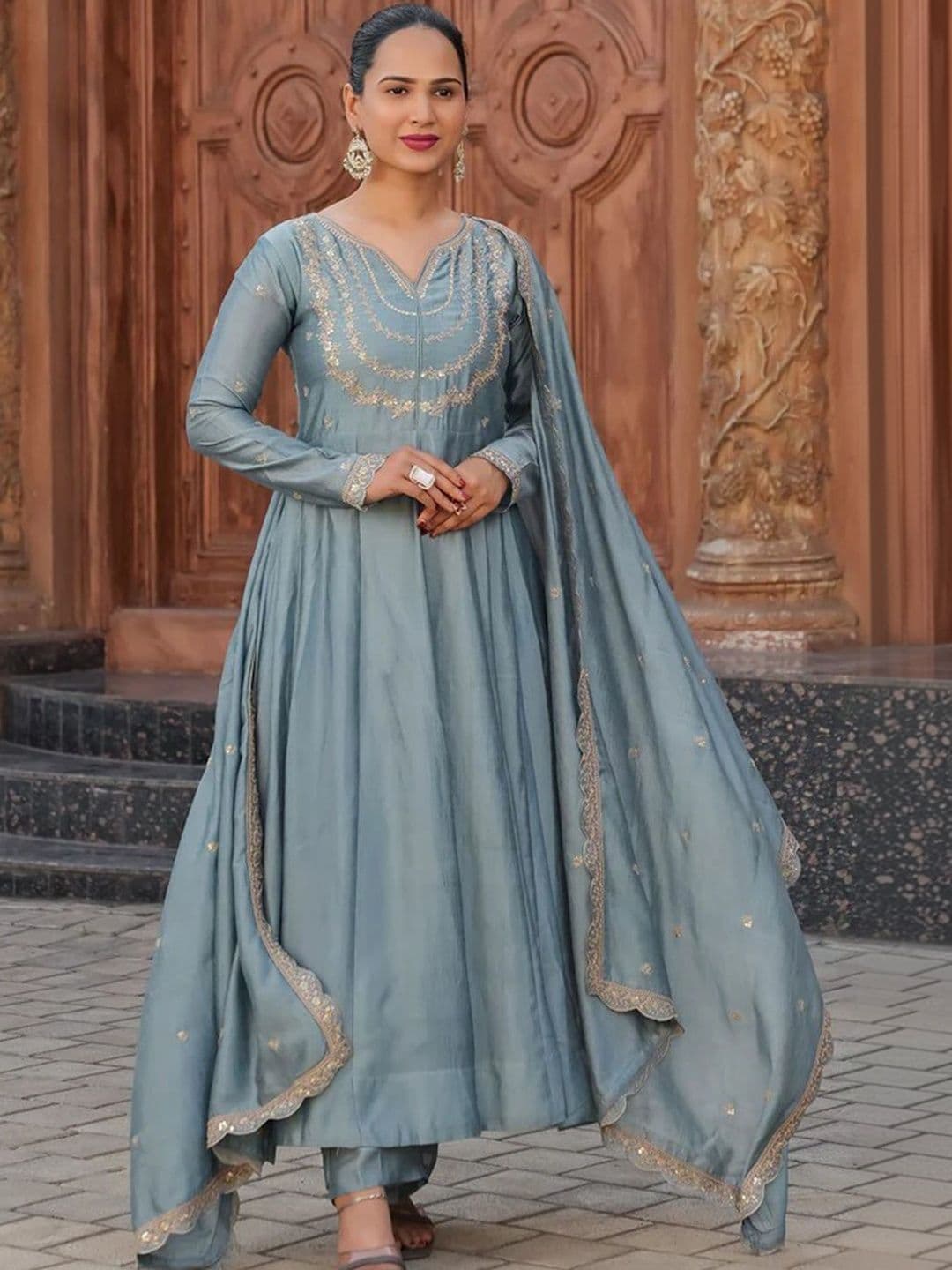Sangria Embroidered Round Neck Kurta & Trousers With Dupatta - view 1