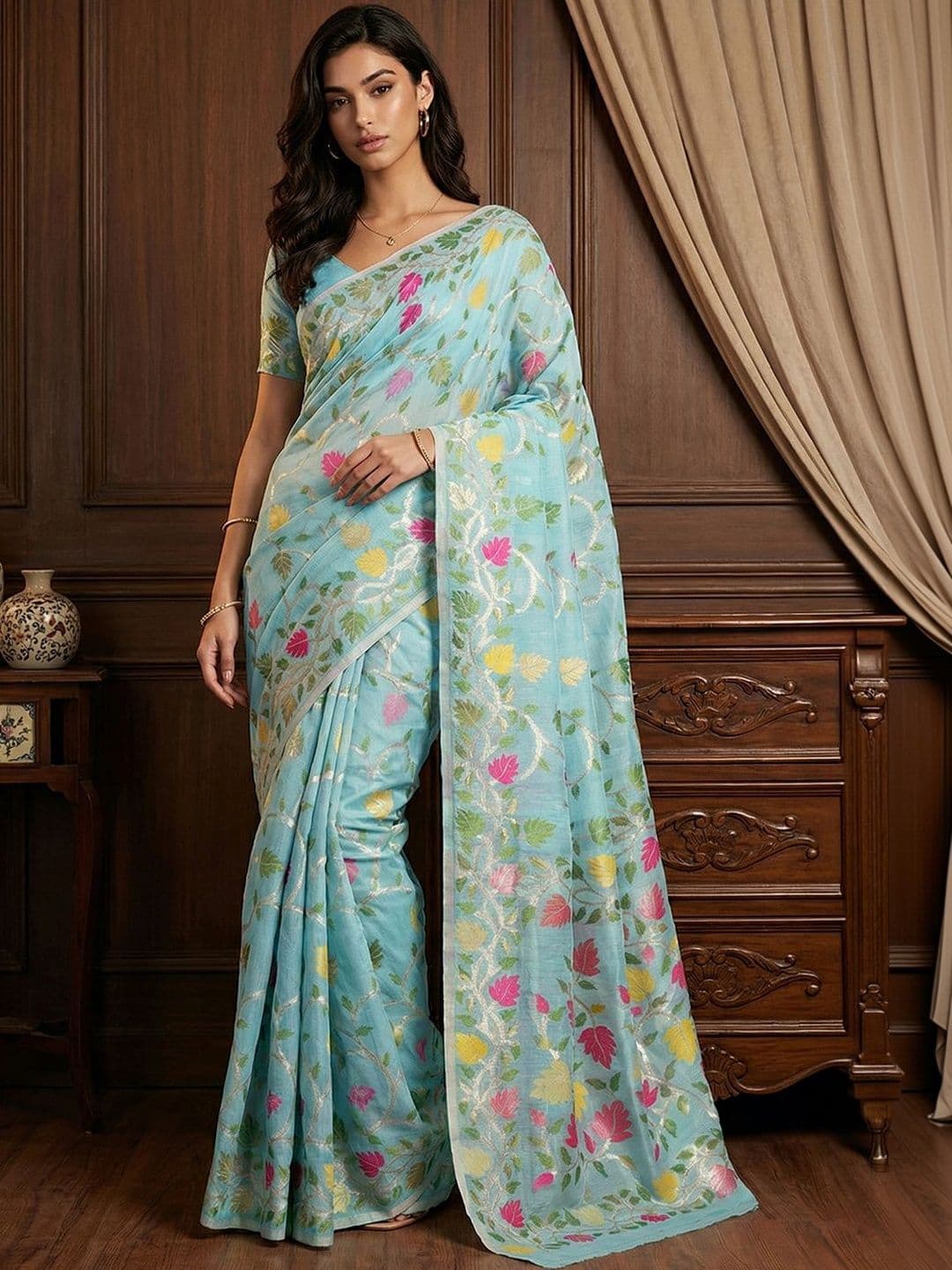 Anouk Women Sky Blue Floral Woven Design Saree with Blouse Piece - view 1