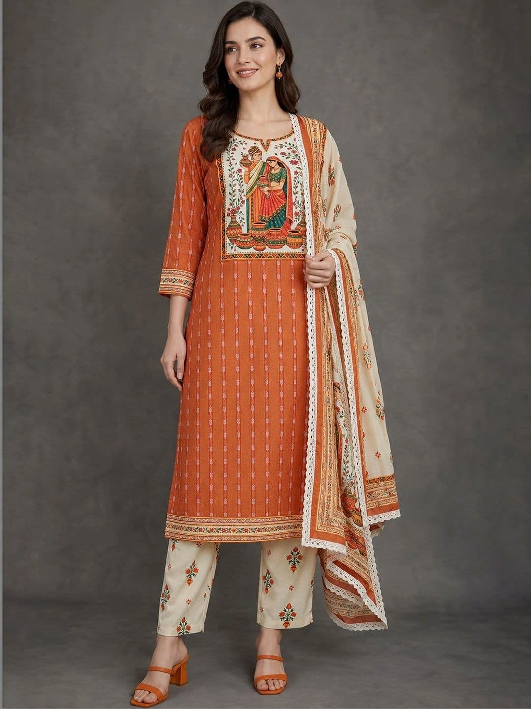 Anouk Ethnic Motifs Printed Pure Cotton Kurta with Trousers & Dupatta - view 1