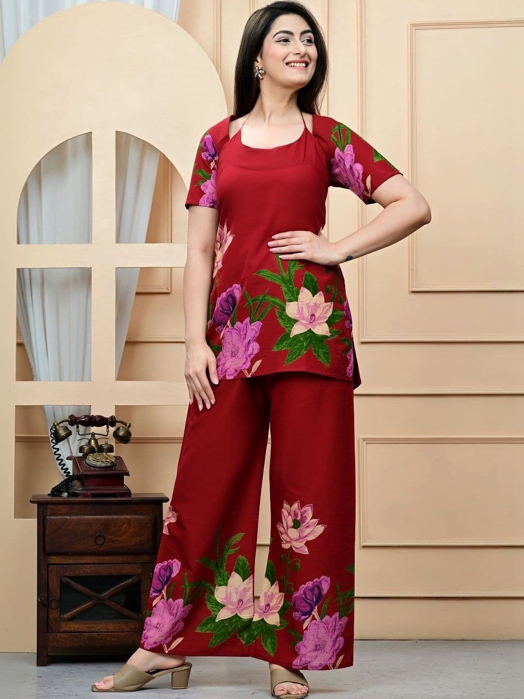 BHAGYESH FASHION Women Floral Printed Regular Pure Cotton Top with Palazzos - view 1