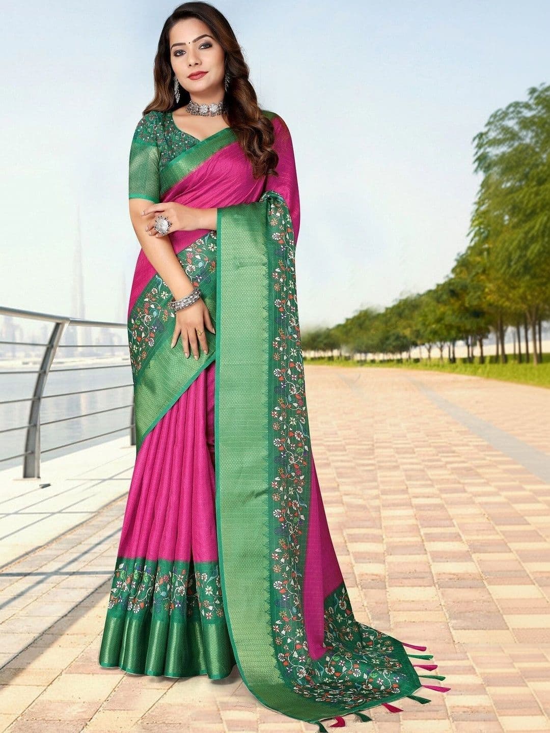 SSHAGUN LIFESTYLE Floral Embroidered Art Silk Bandhani Saree - view 1