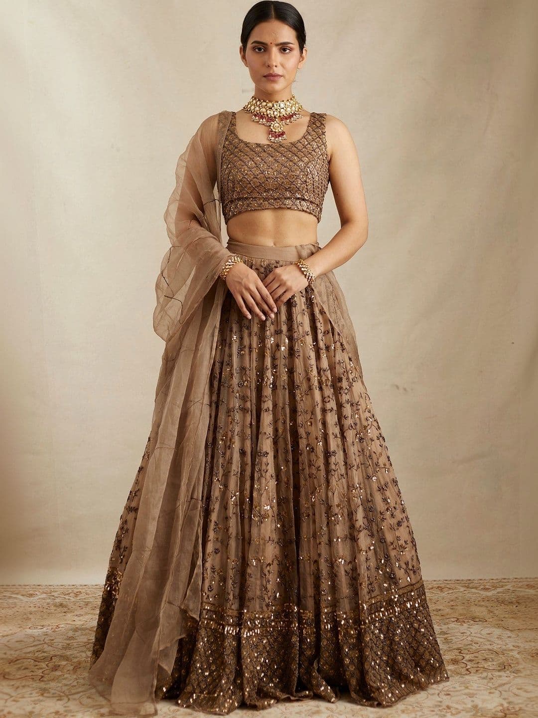 JIHU CULTURE Embellished Sequinned Semi-Stitched Lehenga & Unstitched Blouse With Dupatta - view 1