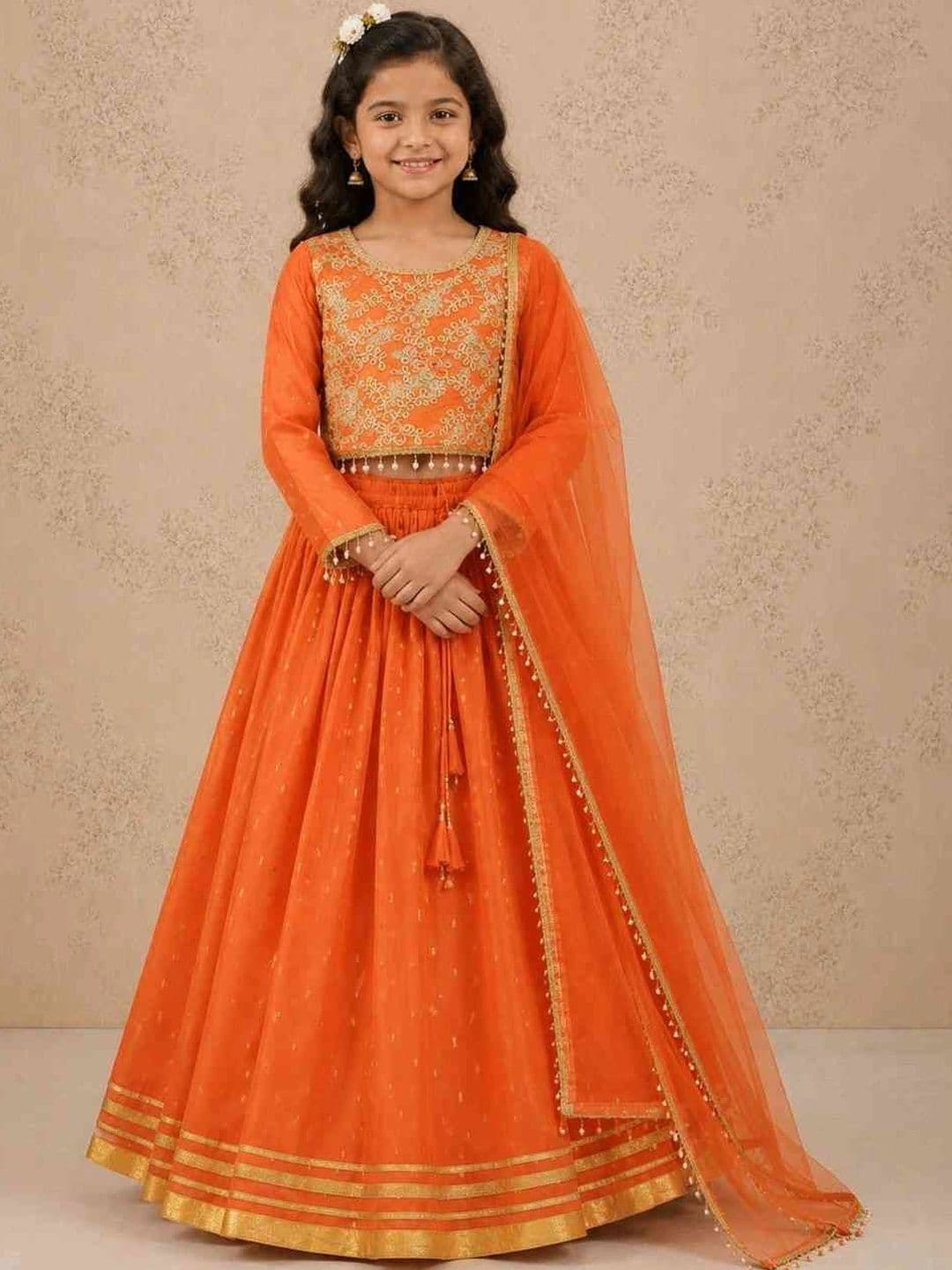 JOVK DESIGN Girls Embroidered Thread Work Ready to Wear Lehenga & Blouse With Dupatta - view 1