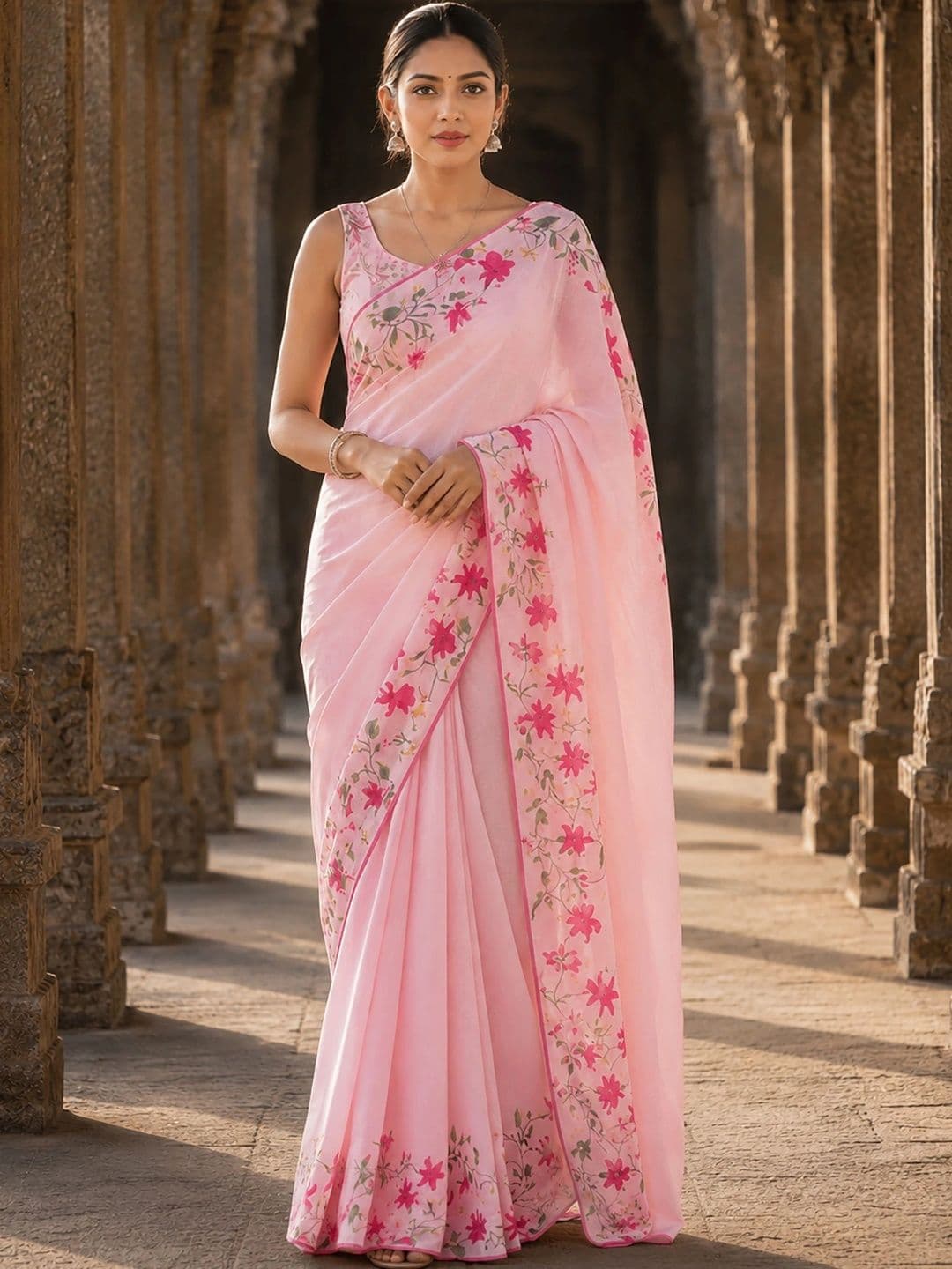 Mitera Floral Linen Blend Designer Block Print Saree - view 1