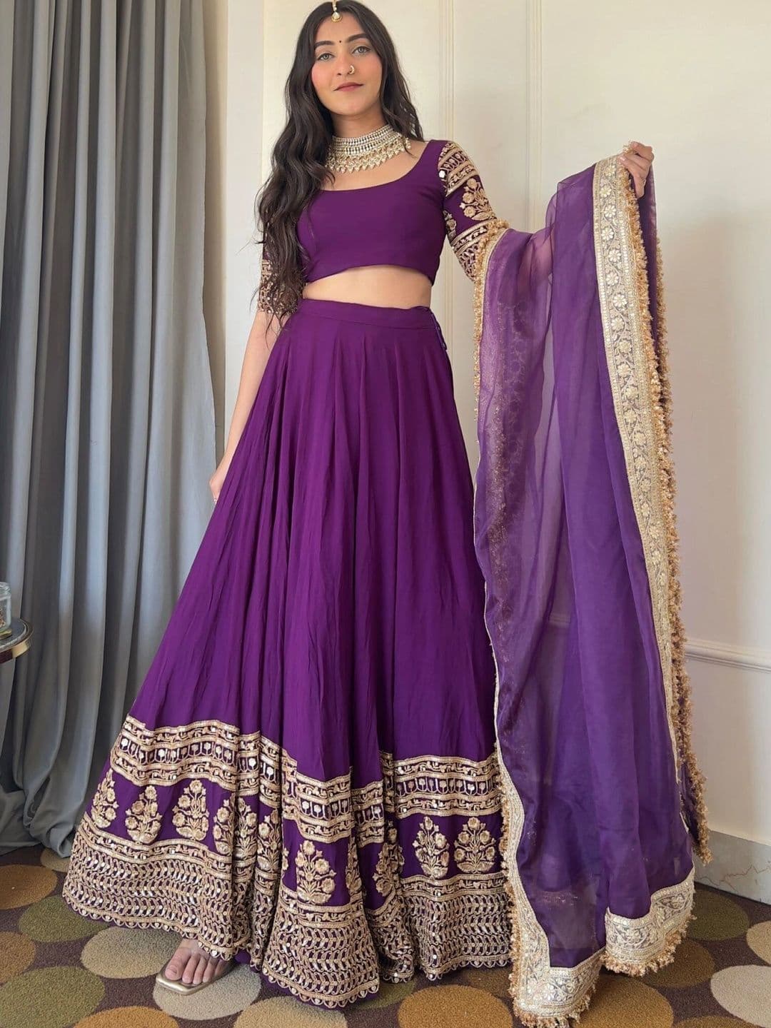 Poshak Bazaar Embroidered Semi-Stitched Lehenga & Unstitched Blouse With Dupatta - view 1