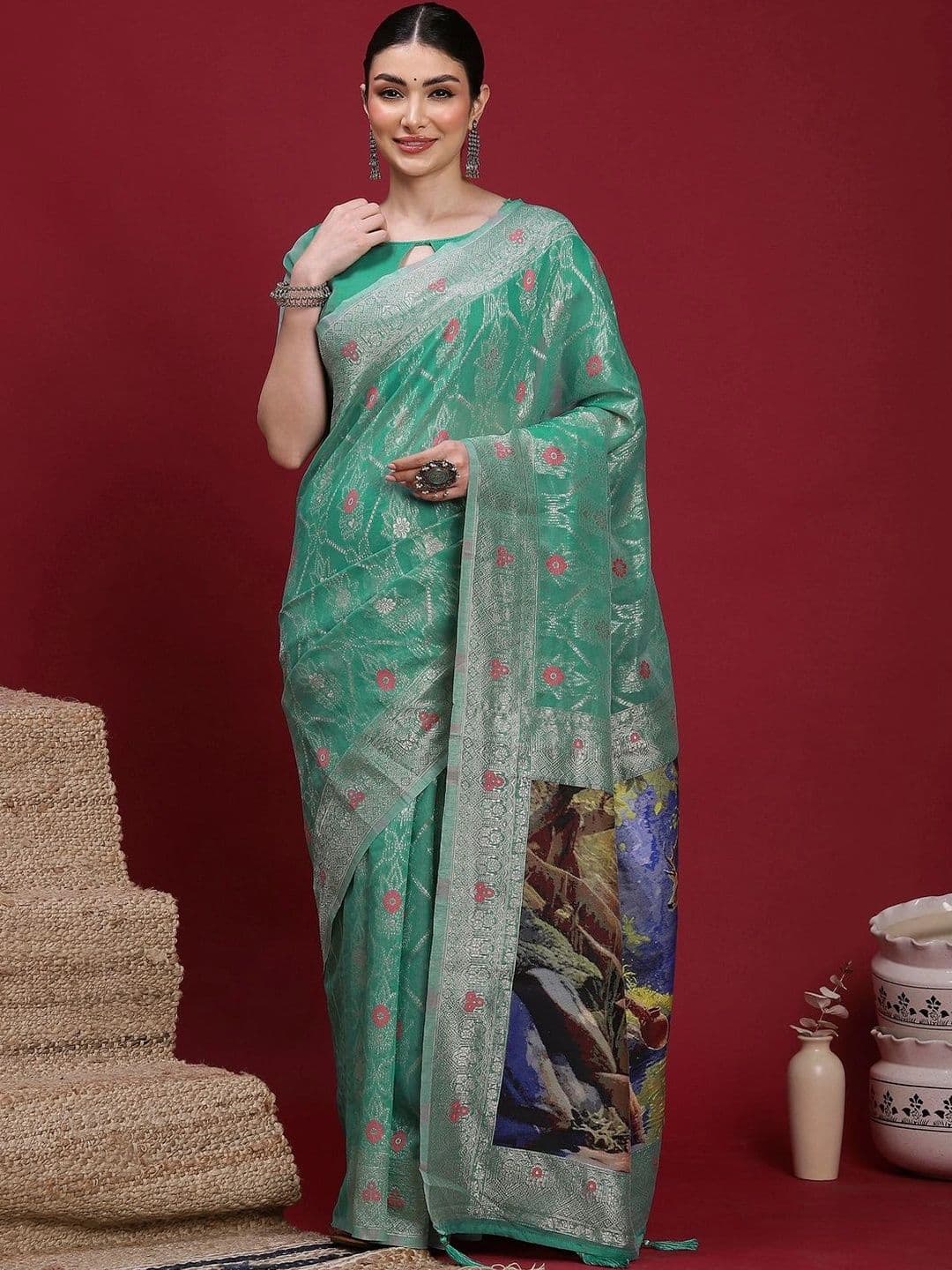 Anouk Floral Zari Organza Designer Banarasi Saree - view 1