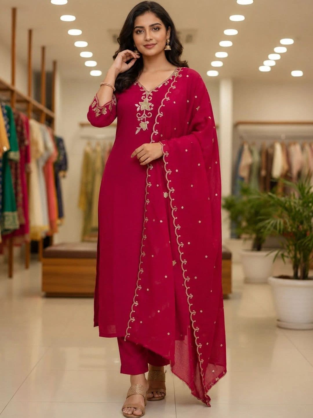 NEEL ETHNICS Women Ethnic Motifs Embroidered Regular Thread Work Kurta with Trousers & With Dupatta - view 1