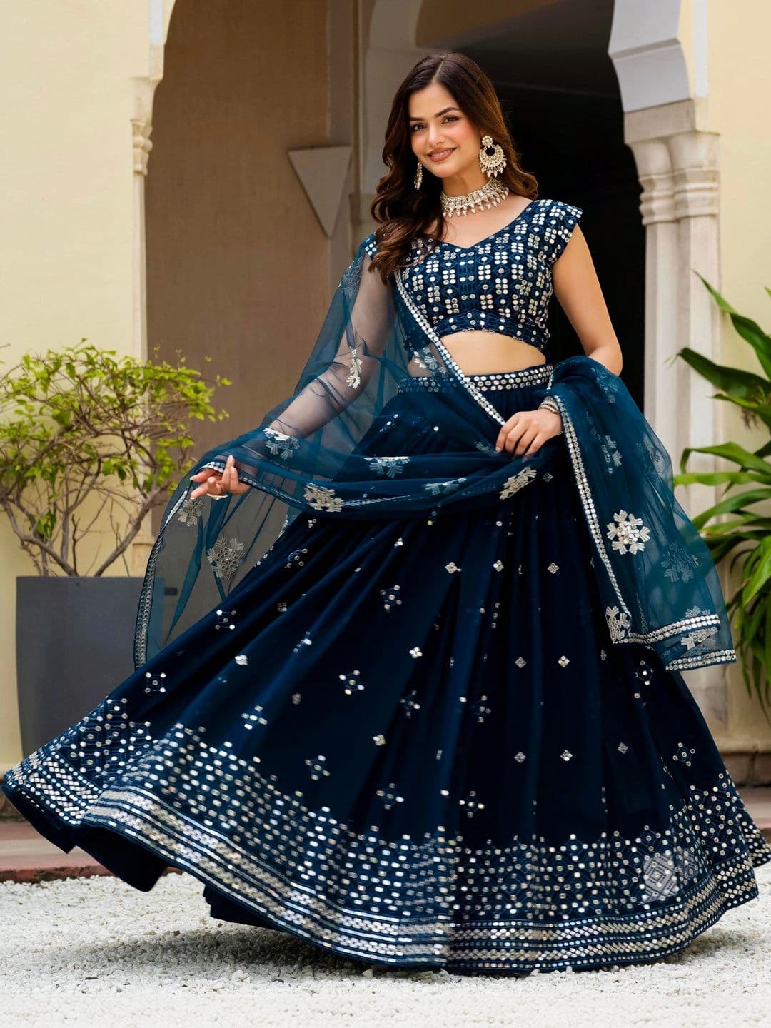 Poshak Bazaar Embellished Mirror Work Semi-Stitched Lehenga & Unstitched Blouse With Dupatta - view 1