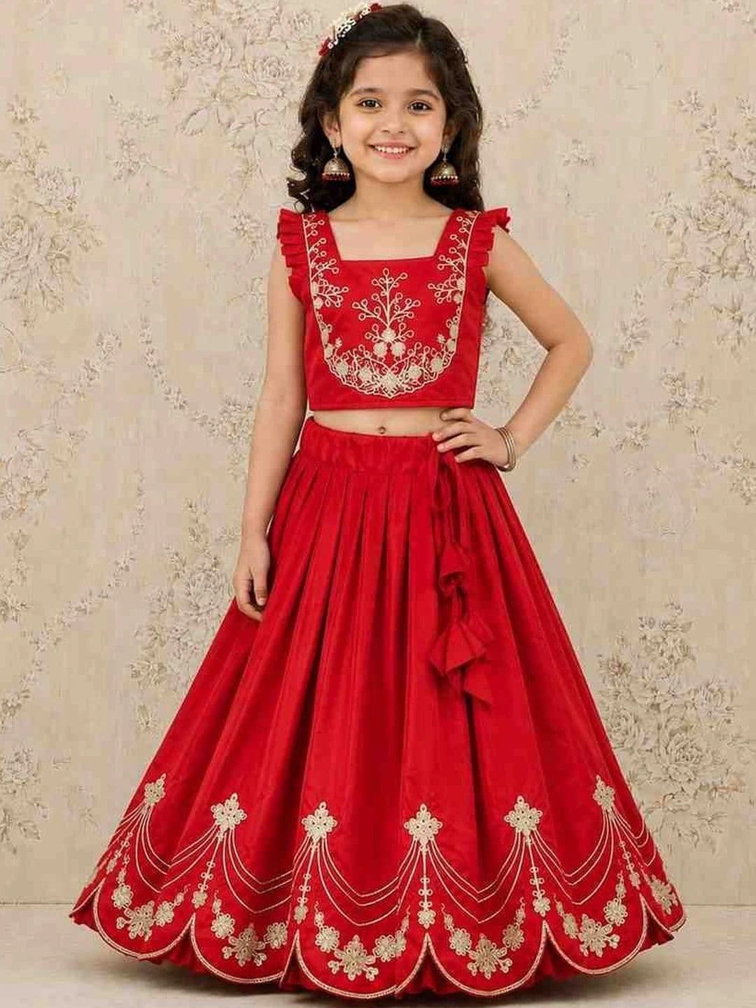 JOVK DESIGN Girls Red Embroidered Thread Work Ready To Wear Lehenga & Choli - view 1