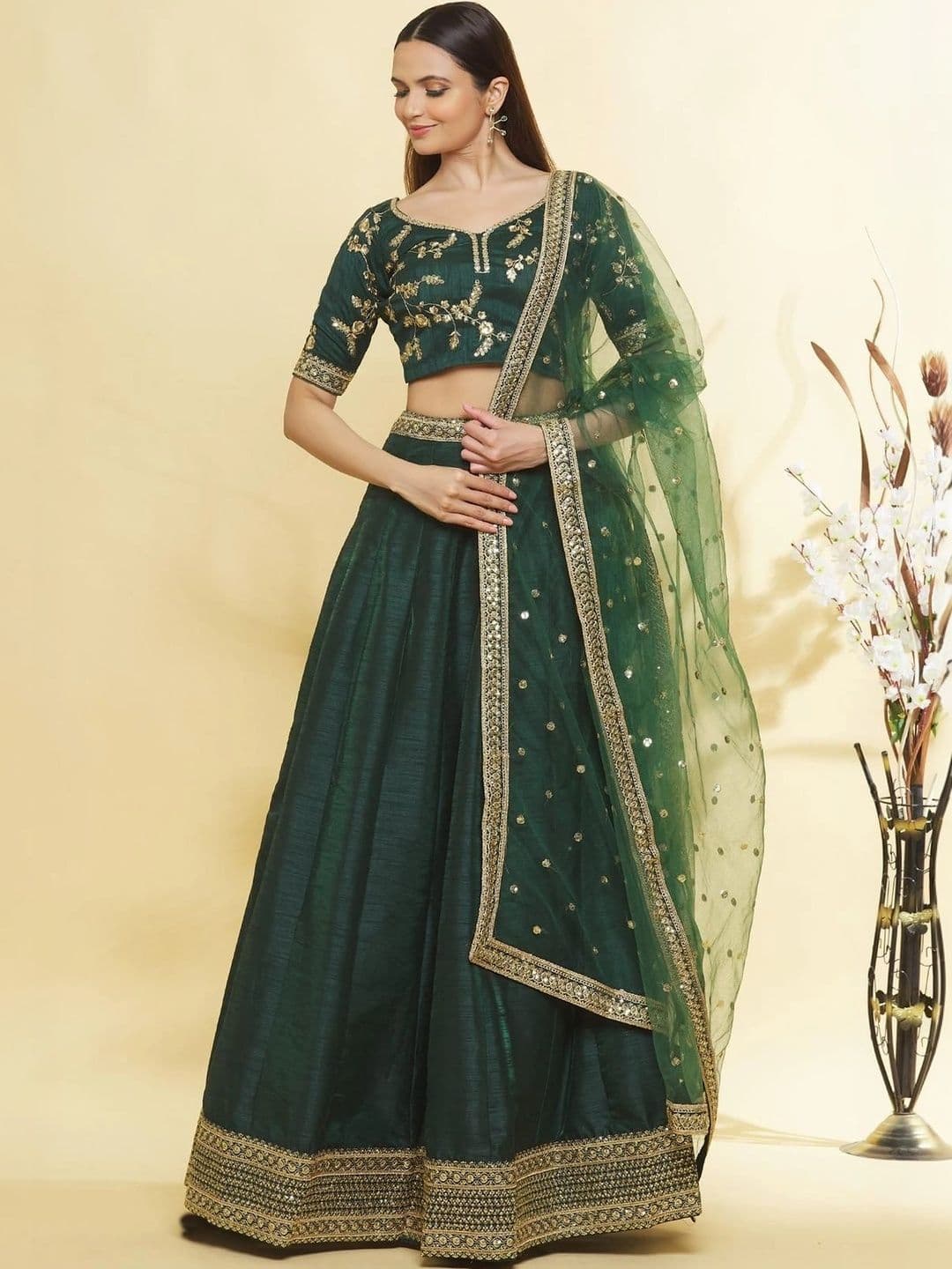 JIHU CULTURE Embroidered Sequinned Semi-Stitched Lehenga & Unstitched Blouse With Dupatta - view 1