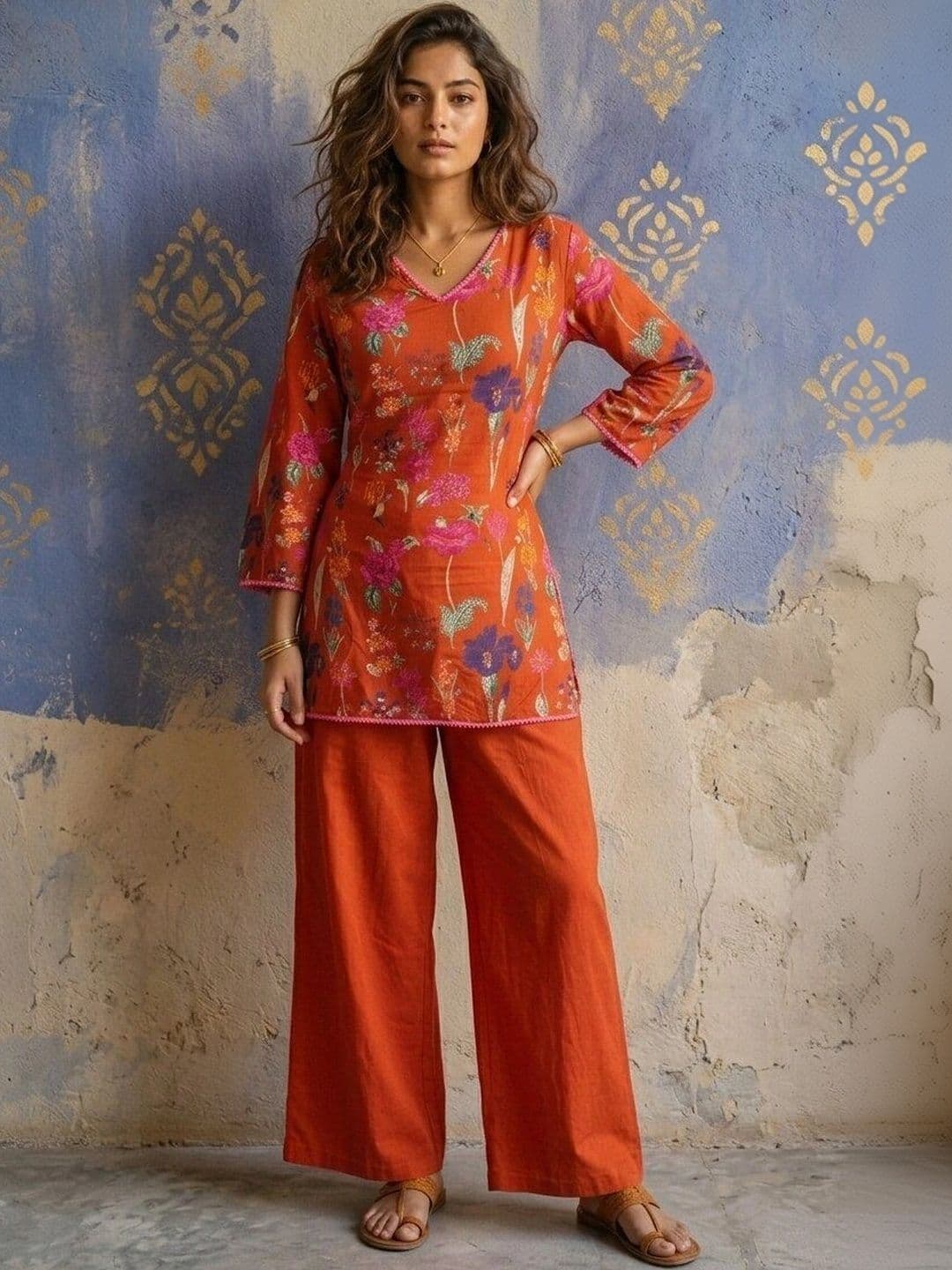 Anouk Women Floral Printed Regular Pure Cotton Kurti with Palazzos - view 1