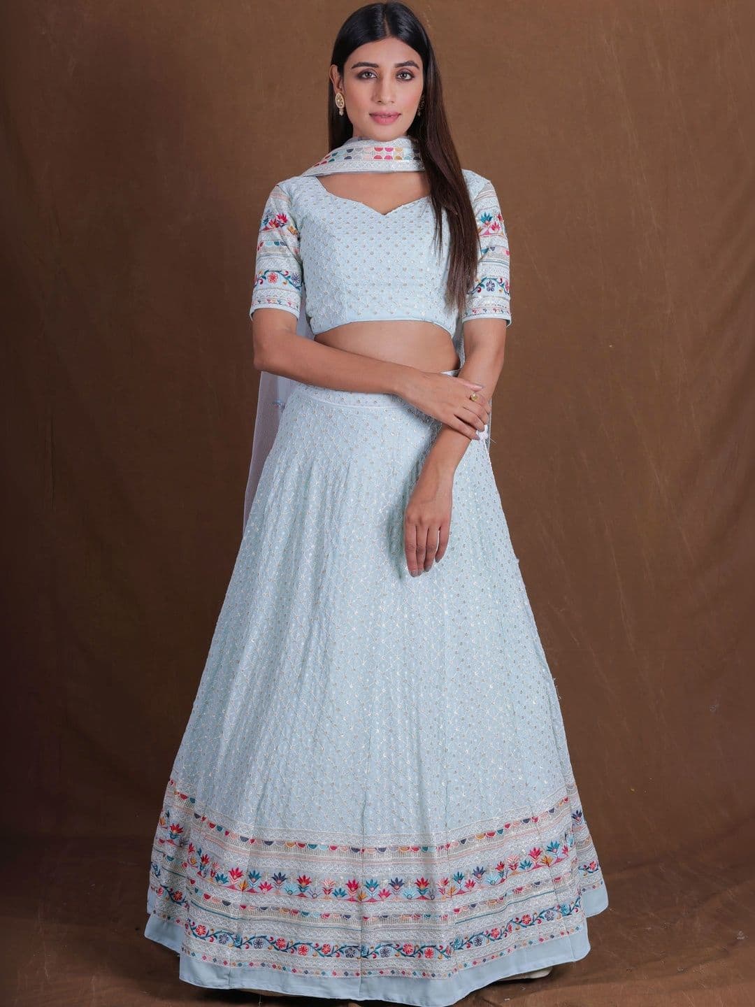 JIHU CULTURE Embroidered Thread Work Semi-Stitched Lehenga & Unstitched Blouse With Dupatta - view 1