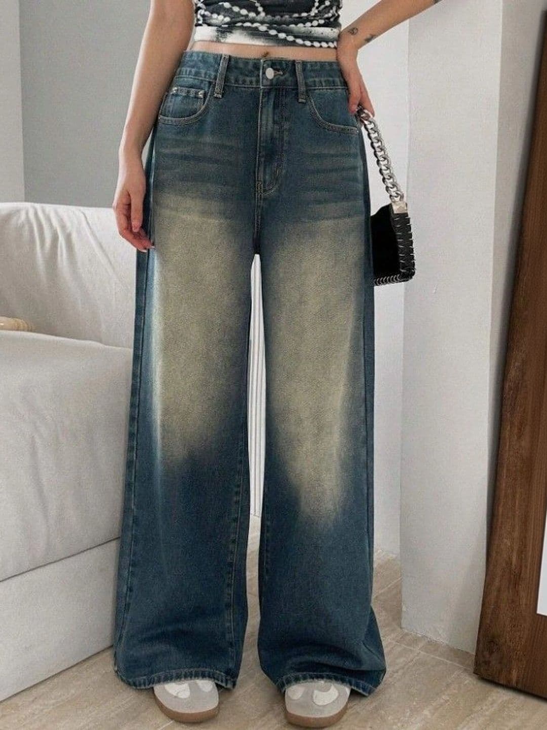 Mast & Harbour High-Rise Low Baggy Fit Distress Clean Look Light Fade Jeans - view 1