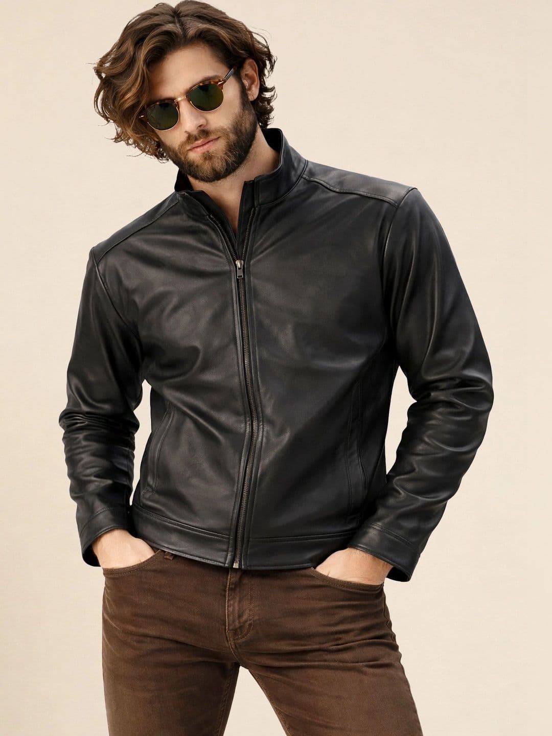 Leather Retail Men Stand Collar Lightweight Biker Jacket - view 1