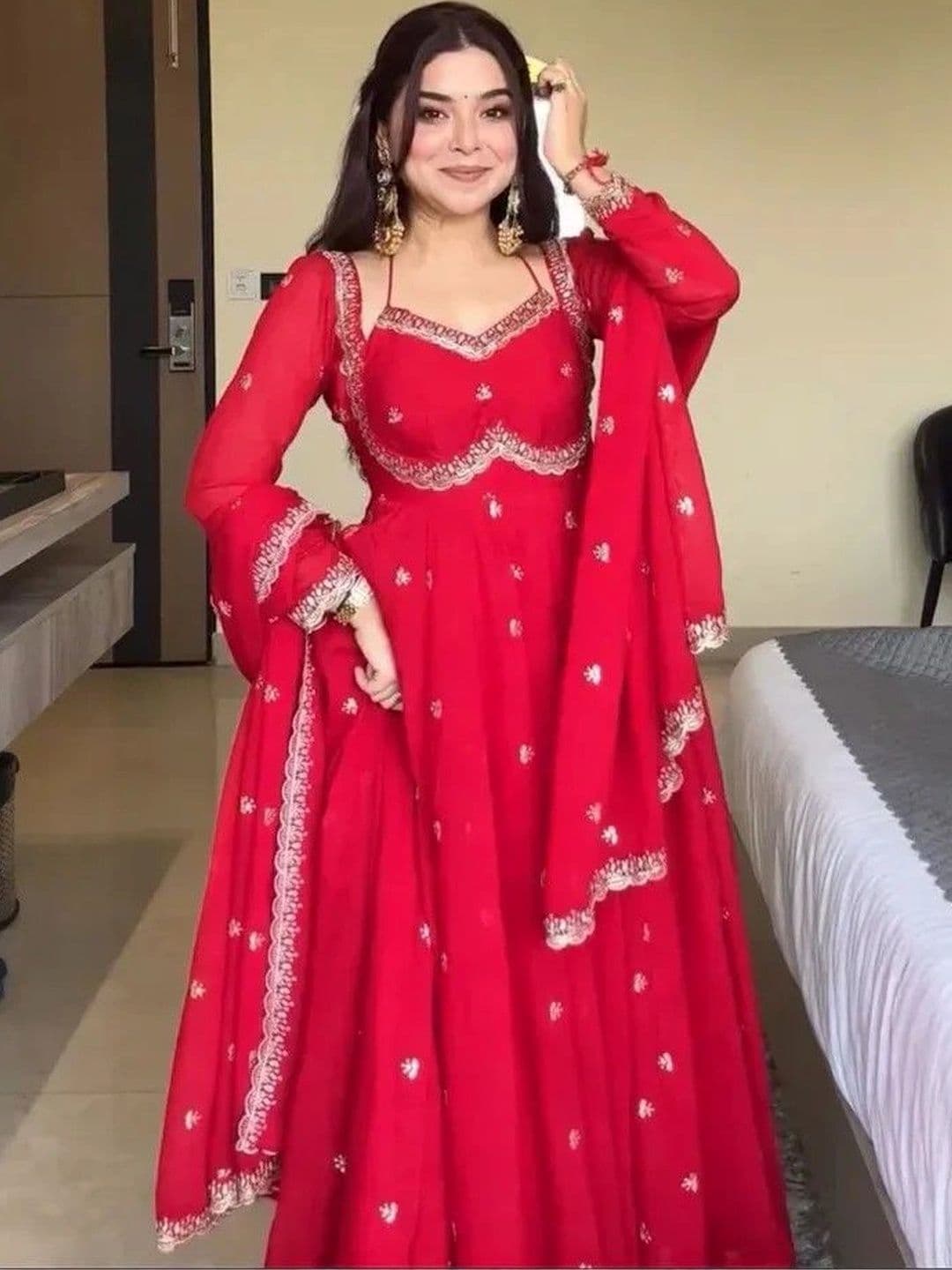 HAMSIKA Women Ethnic Motifs Embroidered Empire Kurta with Pyjamas & With Dupatta - view 1