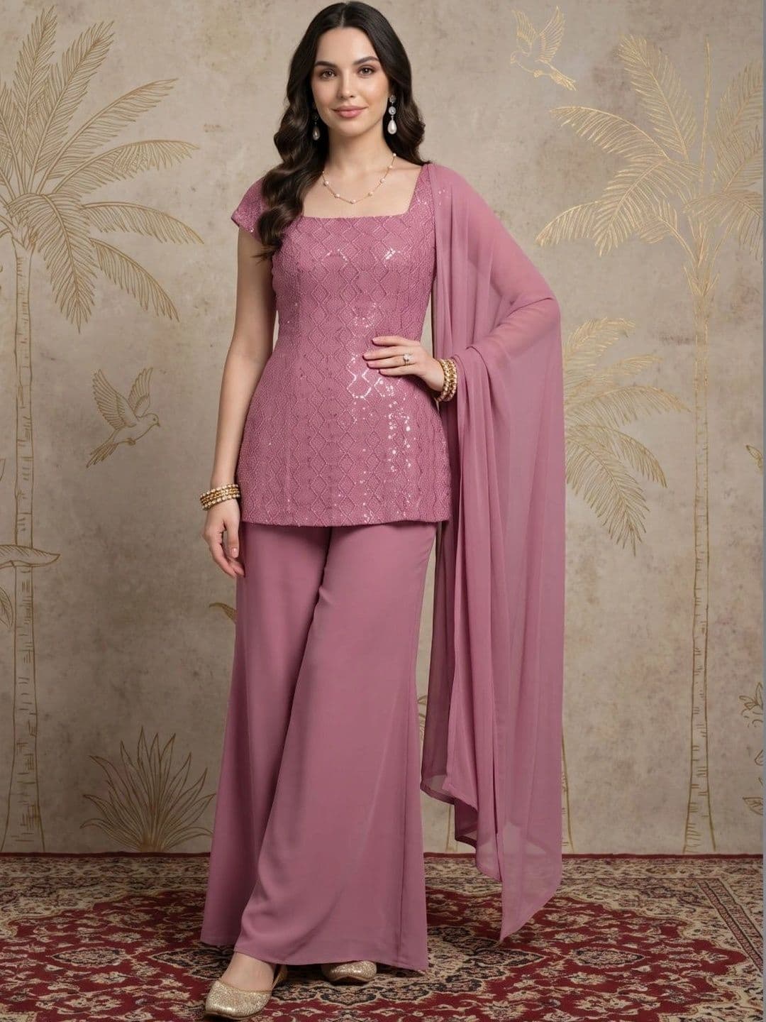 Sangria Women Ethnic Motifs Regular Sequinned Kurta with Palazzos & With Dupatta - view 1