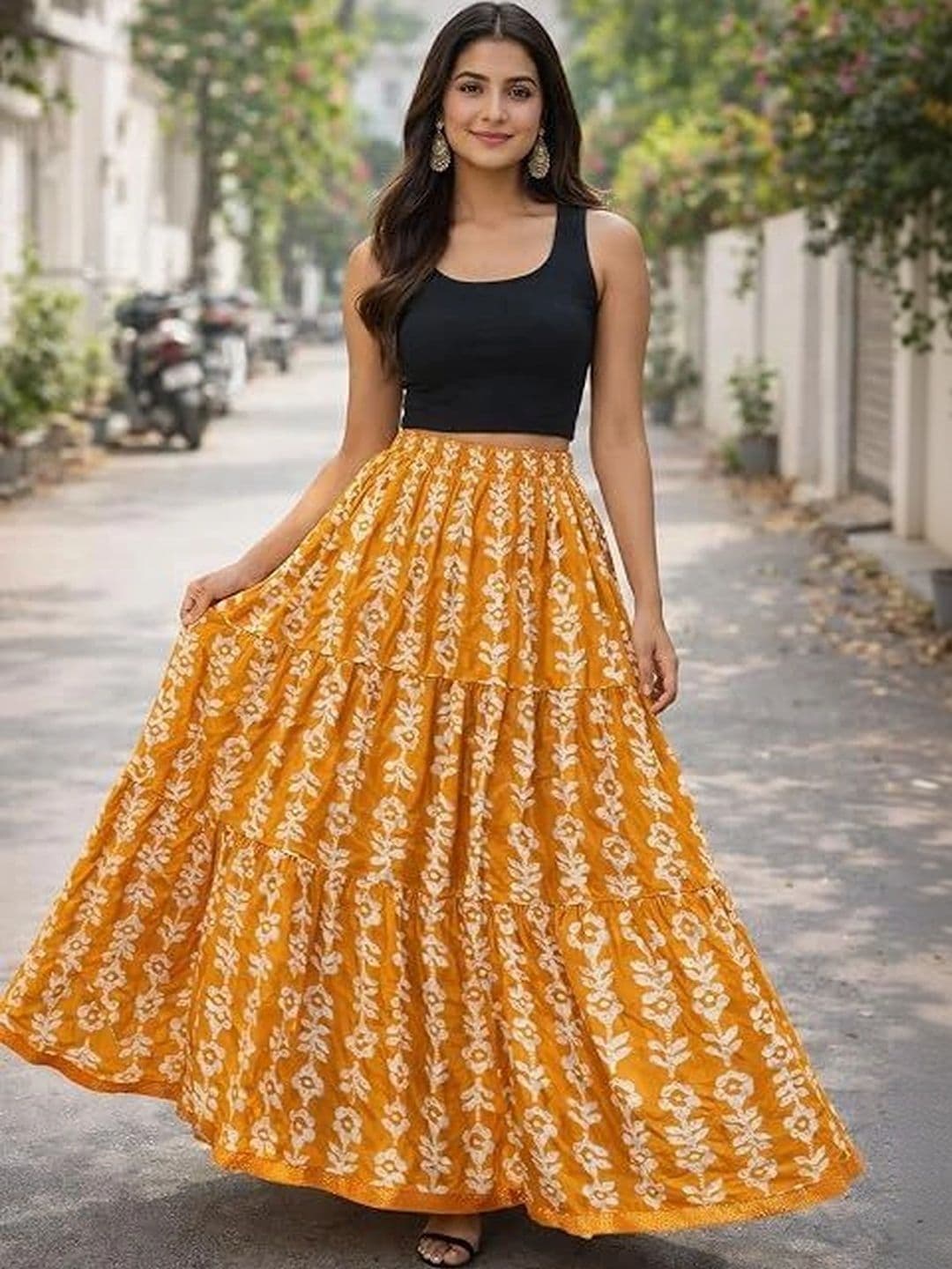 HIMCARE Women Pure Cotton Textured Tiered Maxi Flared Skirt - view 1
