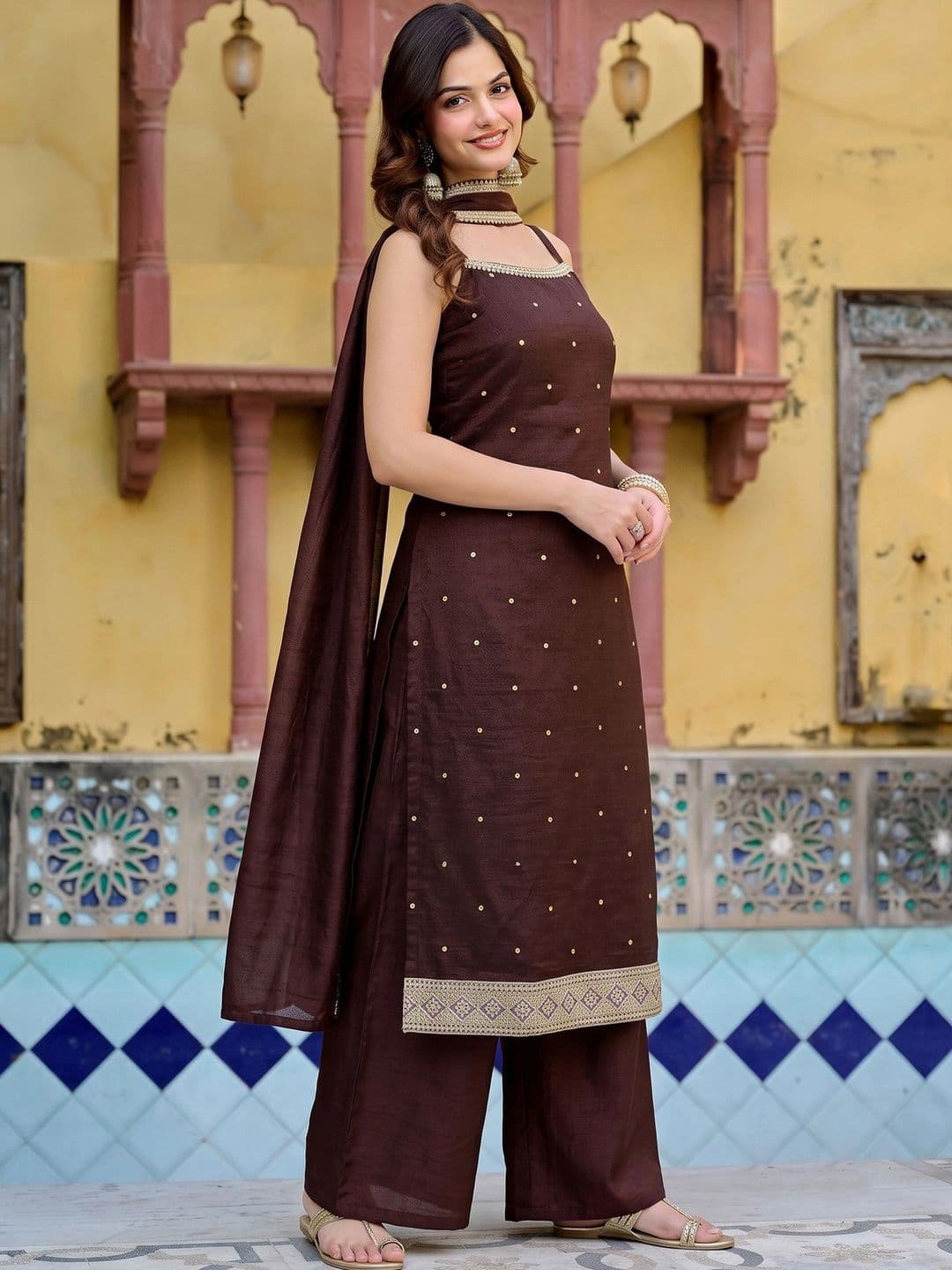 TextileNow Women Ethnic Motifs Embroidered Regular Thread Work Kurta with Palazzos & With Dupatta - view 1