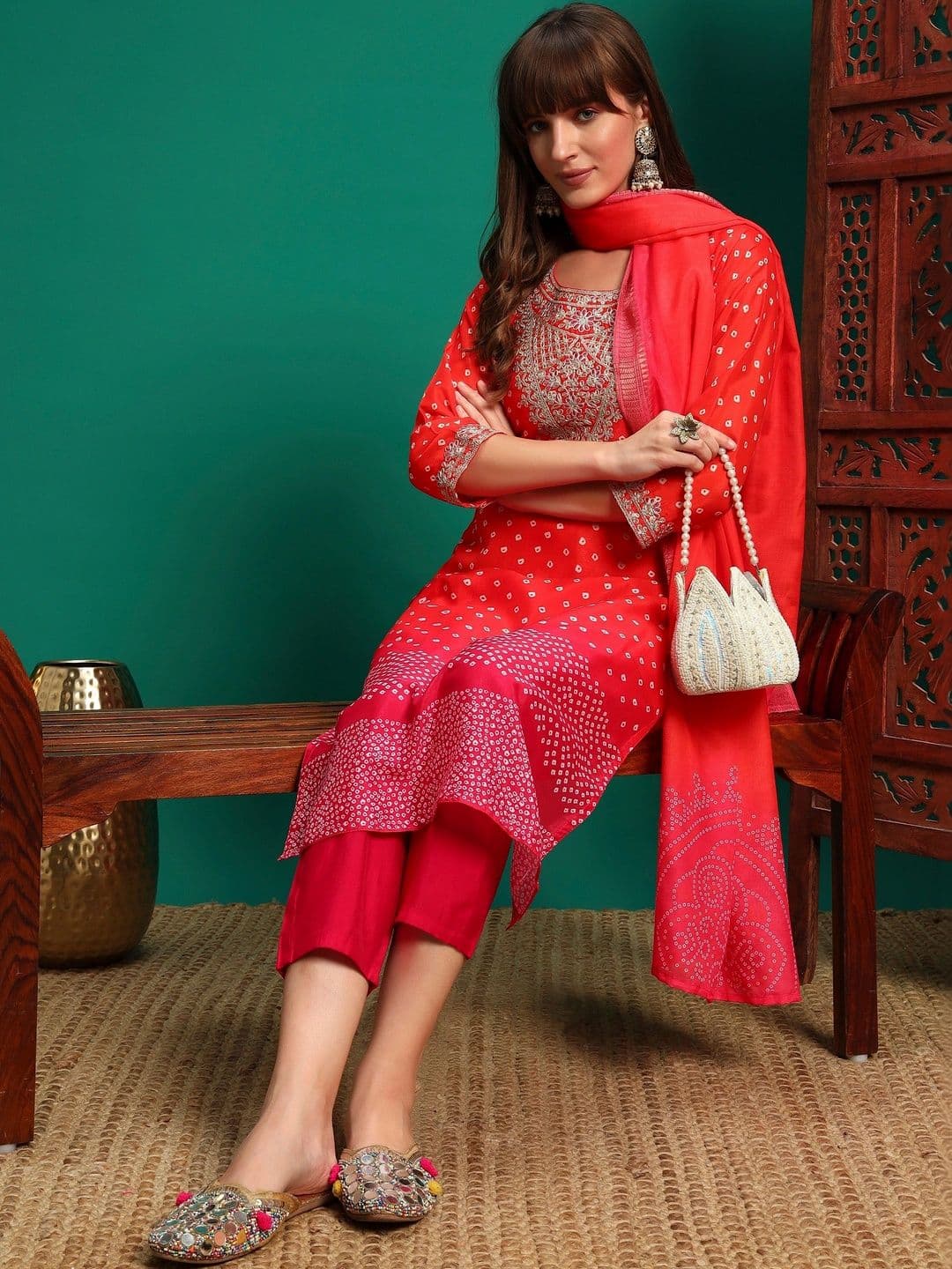 Sangria Women Ethnic Motifs Printed Regular Thread Work Kurta with Trousers & With Dupatta - view 1