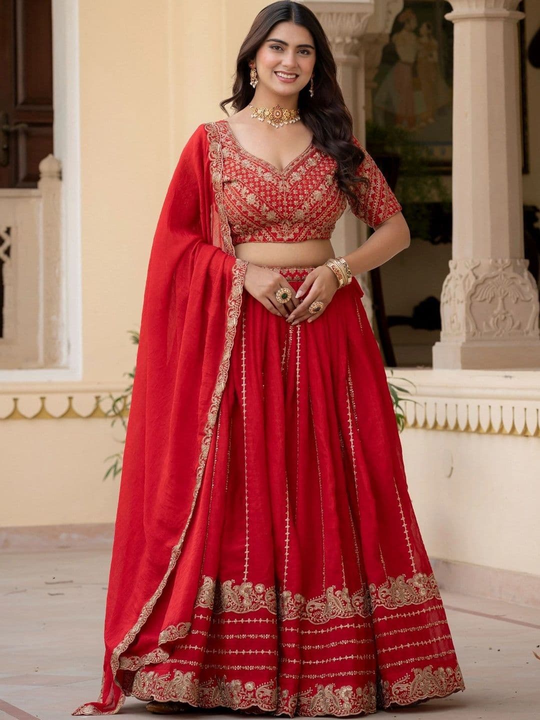 Poshak Bazaar Embroidered Semi-Stitched Lehenga & Unstitched Blouse With Dupatta - view 1