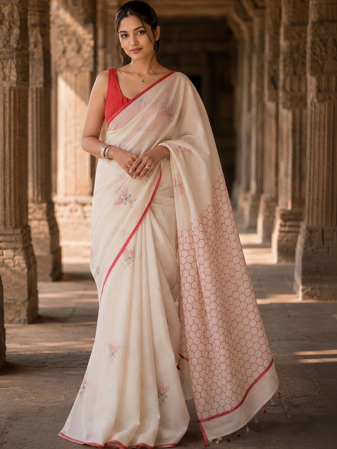 Mitera Linen Blend Designer Block Print Saree - view 1