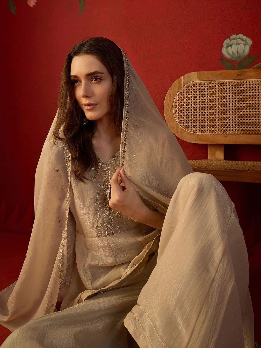 Sangria Women Embroidered Regular Sequinned Silk Chiffon Kurta with Palazzos & With Dupatta - view 1