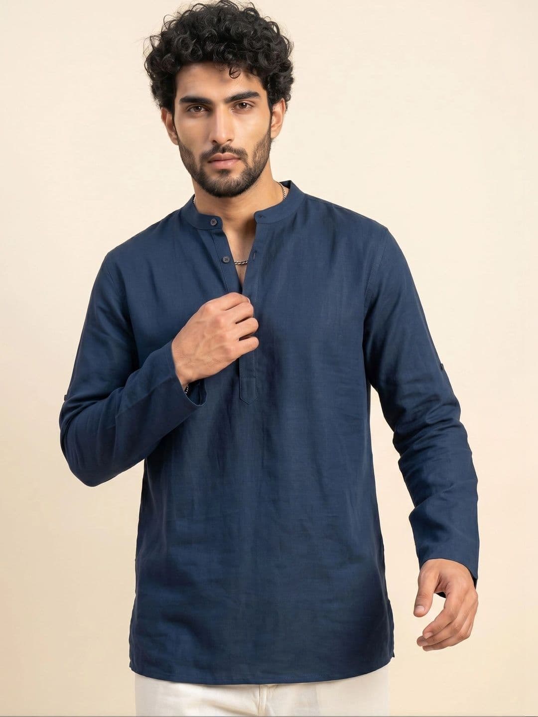 Anouk Men Navy Blue solid mandarin collar short kurta - view 1