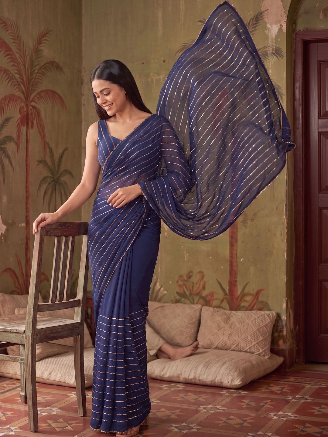Sangria Striped Sequinned Poly Georgette Designer Saree - view 1