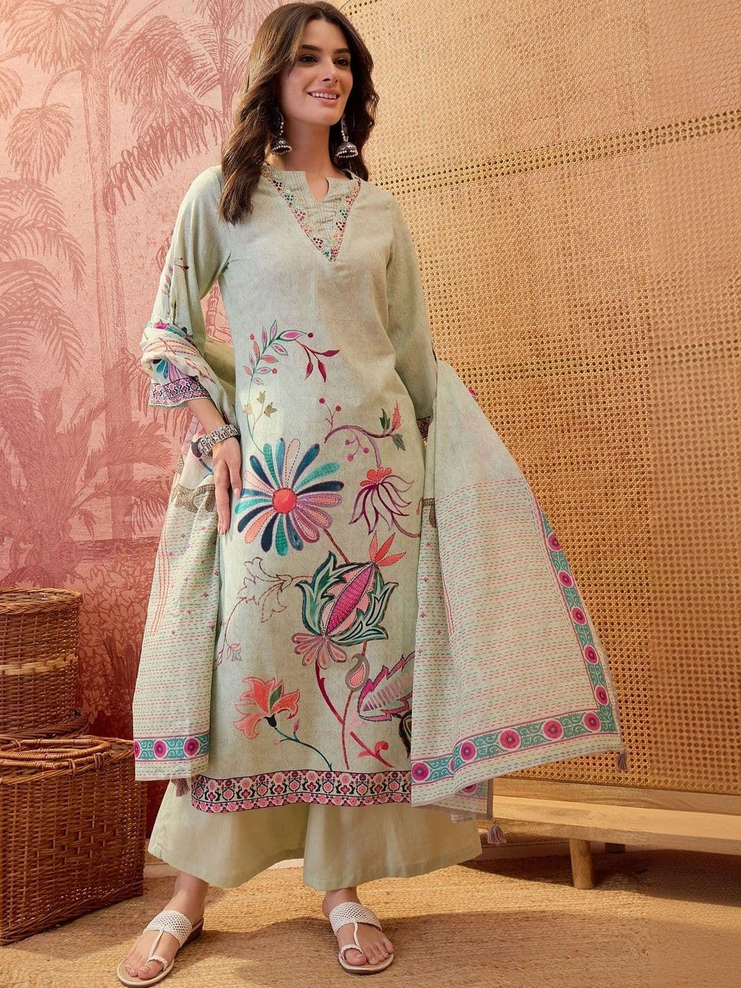 Sangria Women Floral Embroidered Regular Thread Work Pure Cotton Kurta with Palazzos & With Dupatta - view 1