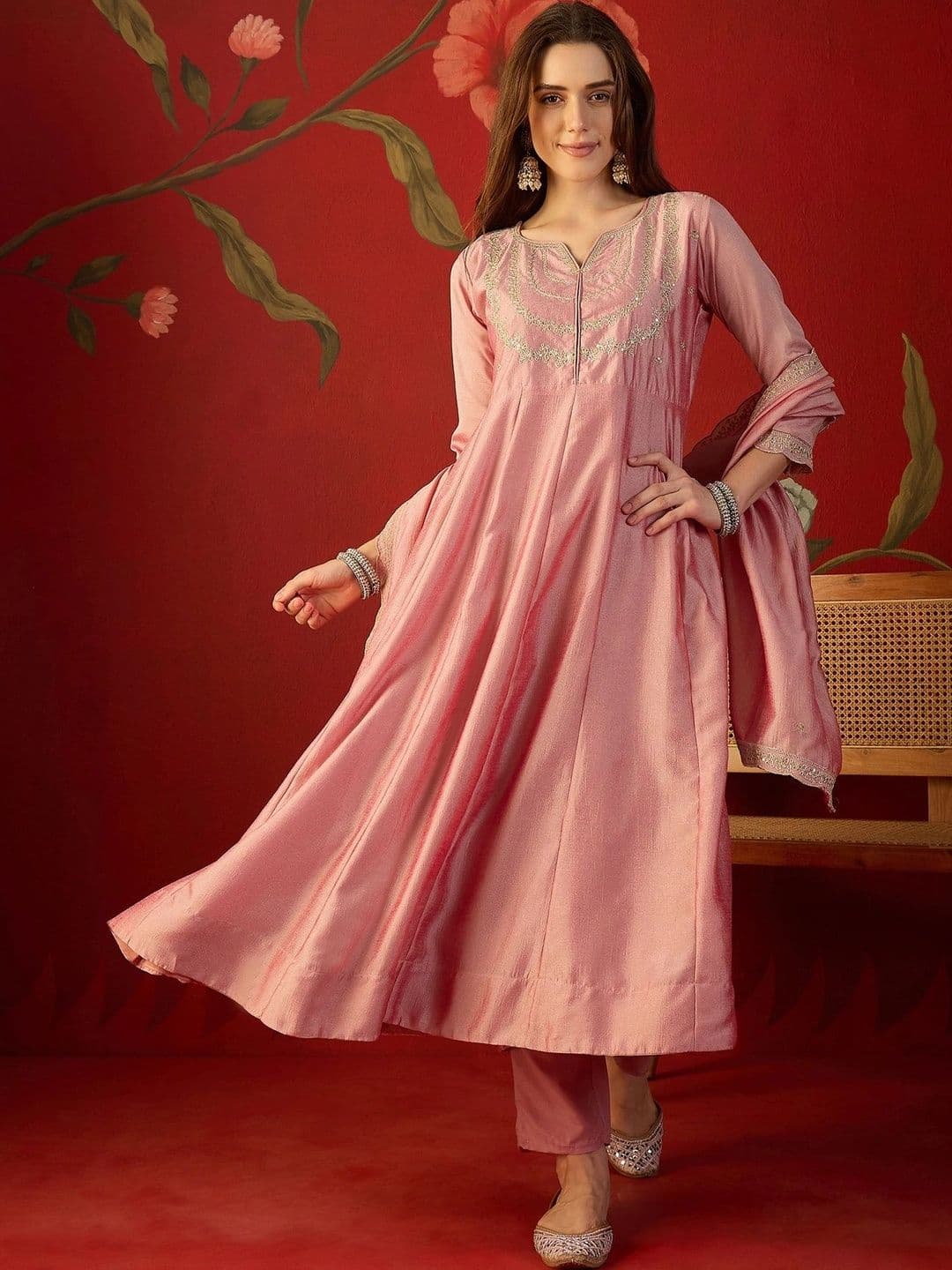 Sangria Women Ethnic Motifs Embroidered Regular Kurta with Trousers & With Dupatta - view 1