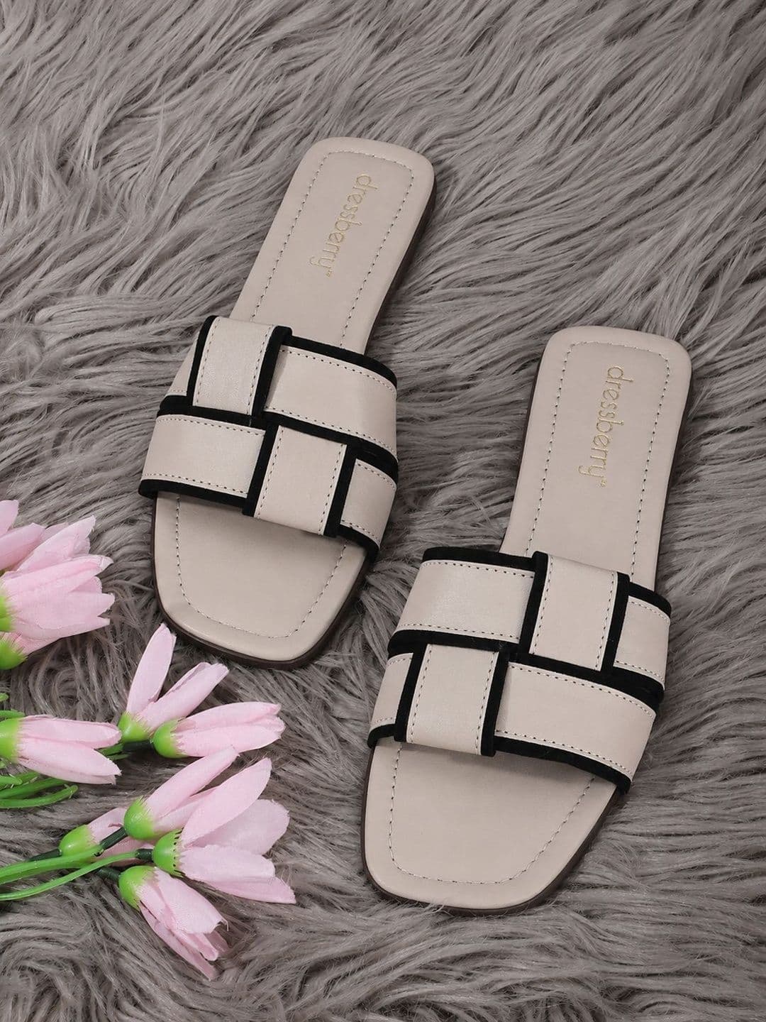 DressBerry Beige Woven Design Open Toe Flats - view 1