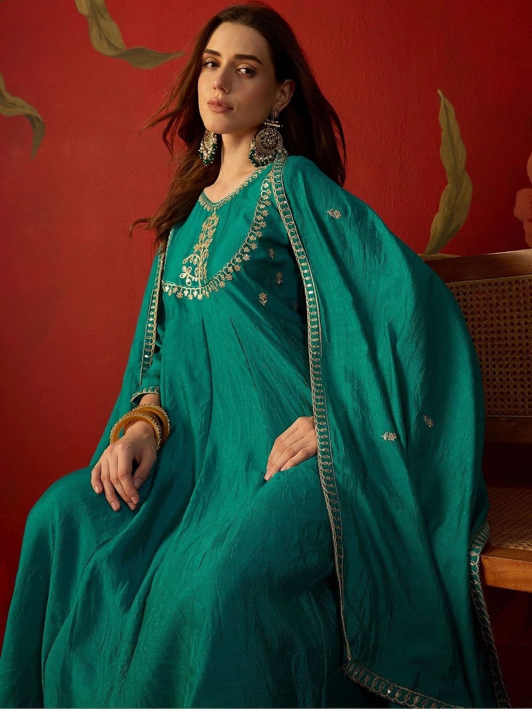 Sangria Women Ethnic Motifs Embroidered Empire Kurta with Trousers & With Dupatta - view 1