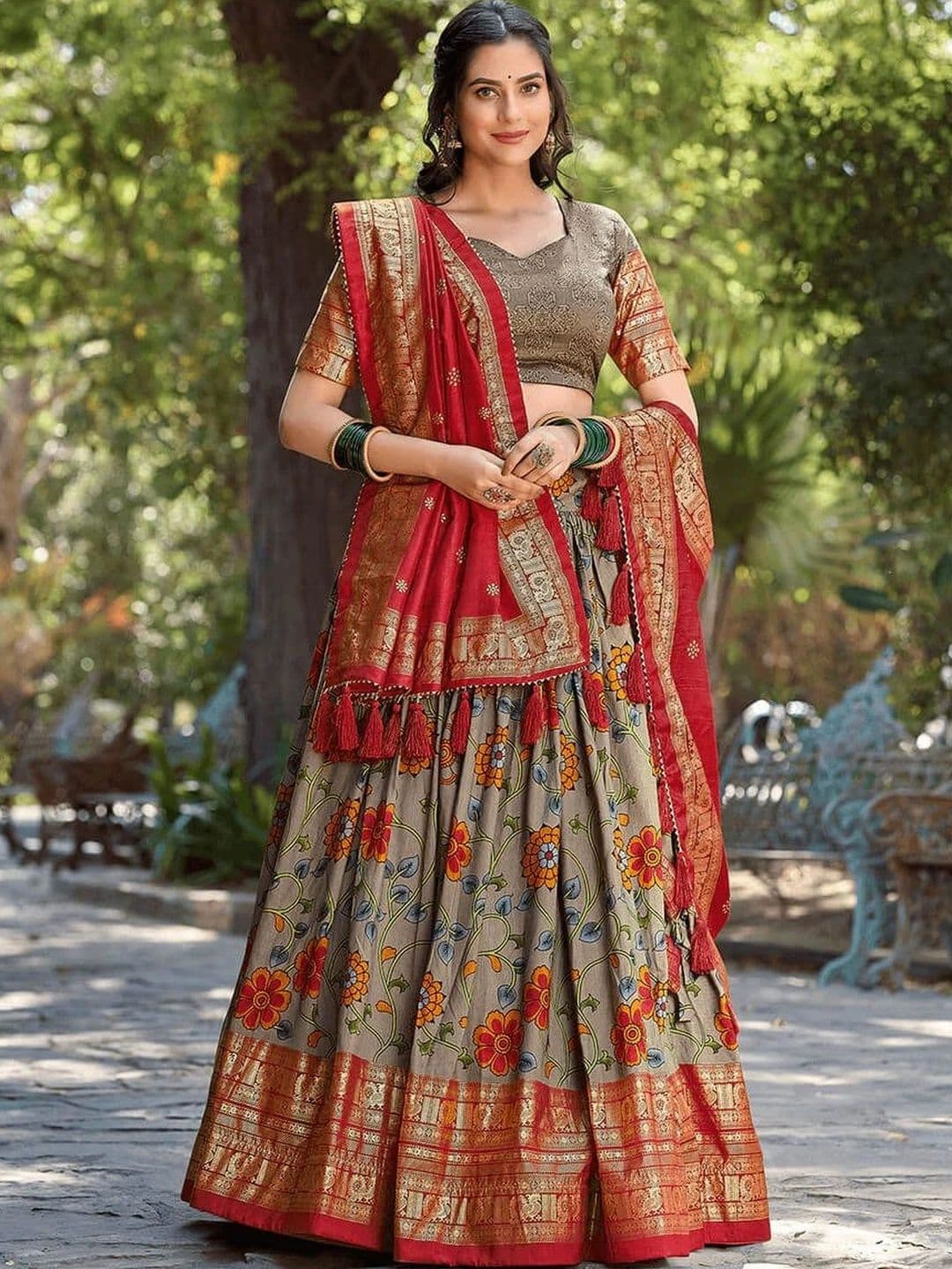 GULDORI Printed Kalamkari Semi-Stitched Lehenga & Unstitched Blouse With Dupatta - view 1