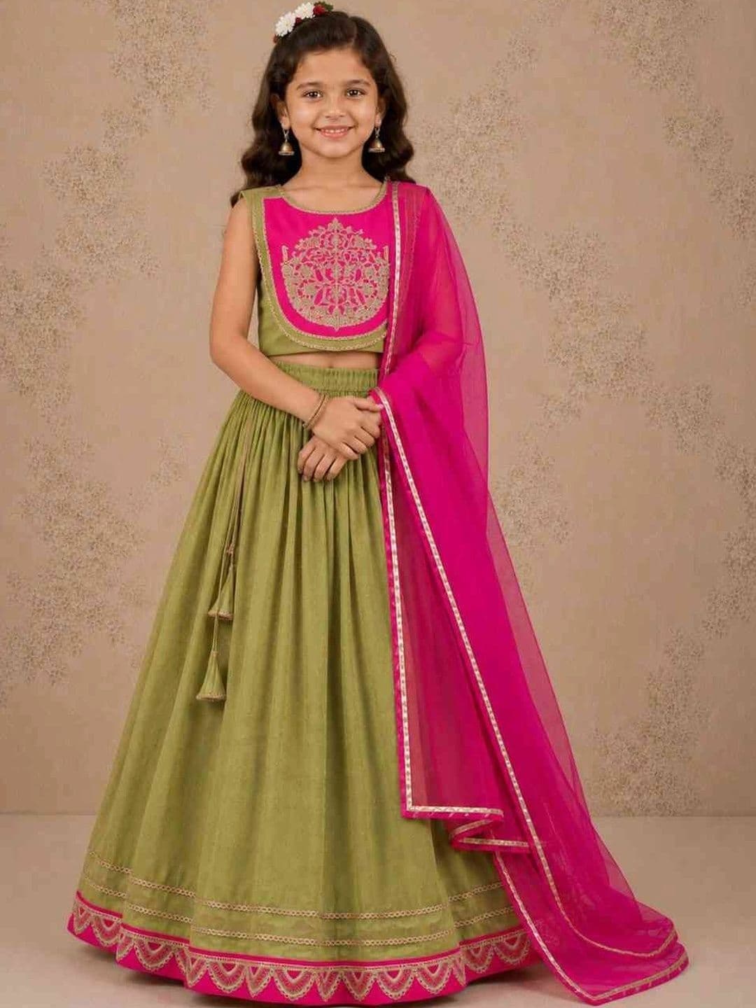 JOVK DESIGN Girls Embroidered Thread Work Ready to Wear Lehenga & Blouse With Dupatta - view 1