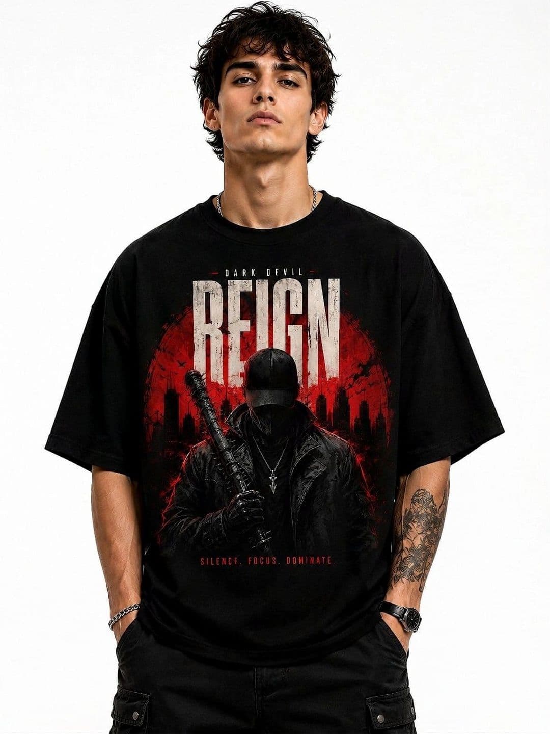 DARK DEVIL Graphic Printed Round Neck Drop-Shoulder Sleeves Oversized Cotton T-shirt - view 1