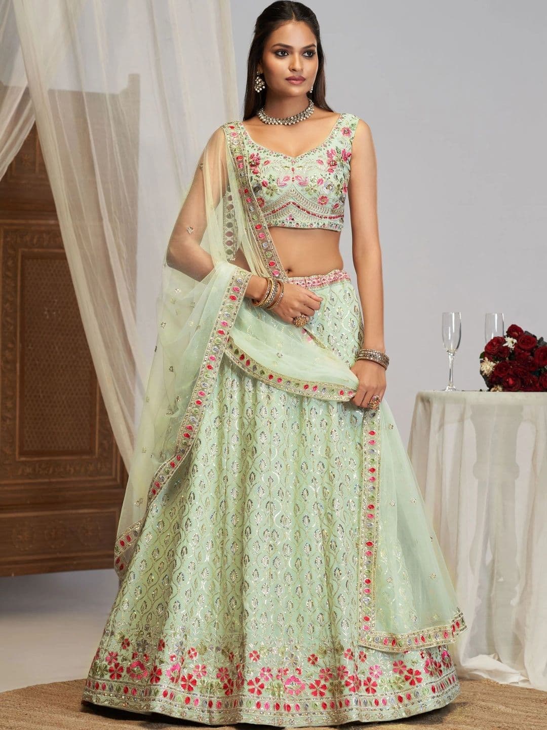 JIHU CULTURE Embroidered Sequinned Semi-Stitched Lehenga & Unstitched Blouse With Dupatta - view 1