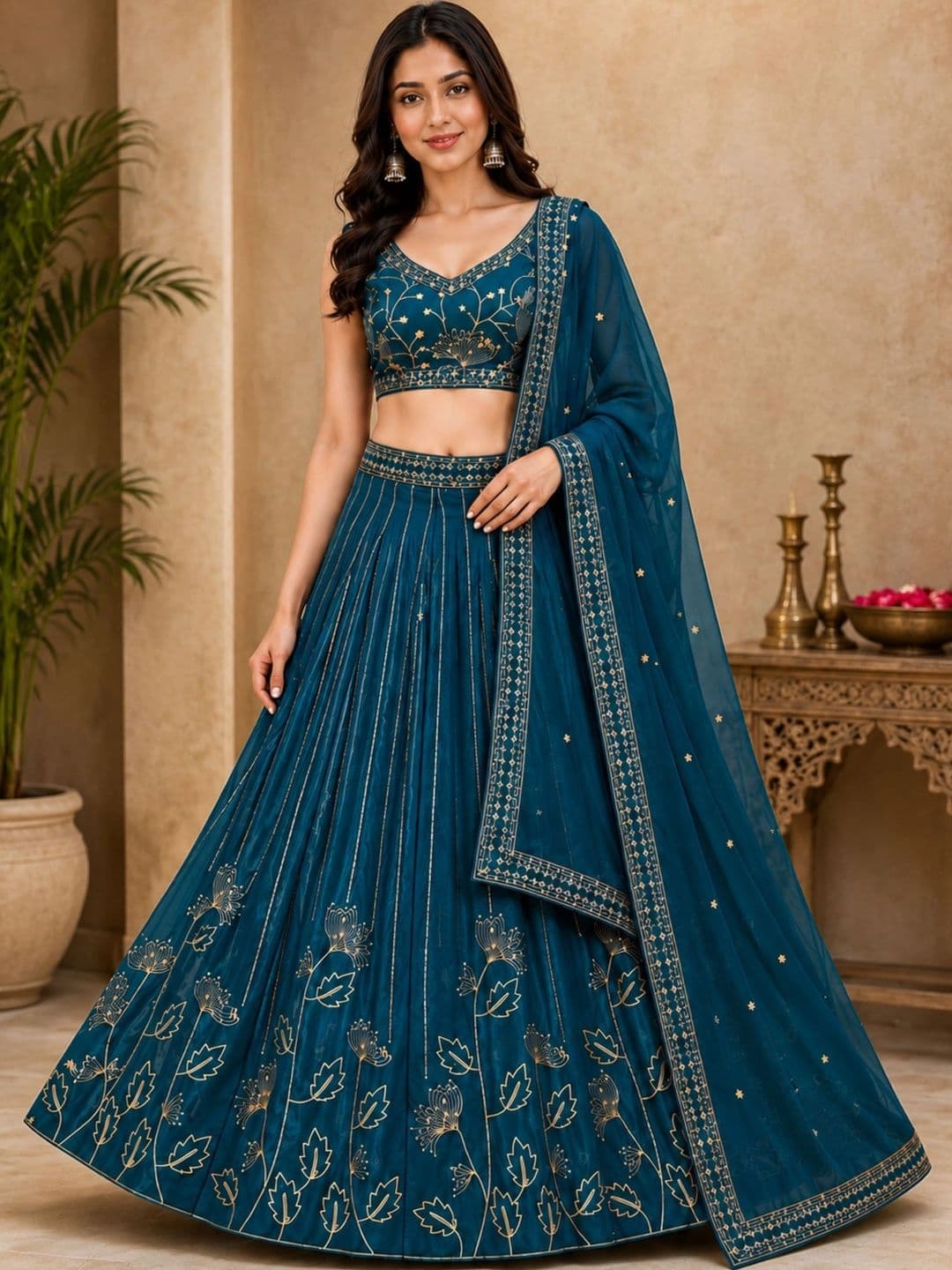 Poshak Bazaar Embroidered Thread Work Semi-Stitched Lehenga & Unstitched Blouse With Dupatta - view 1